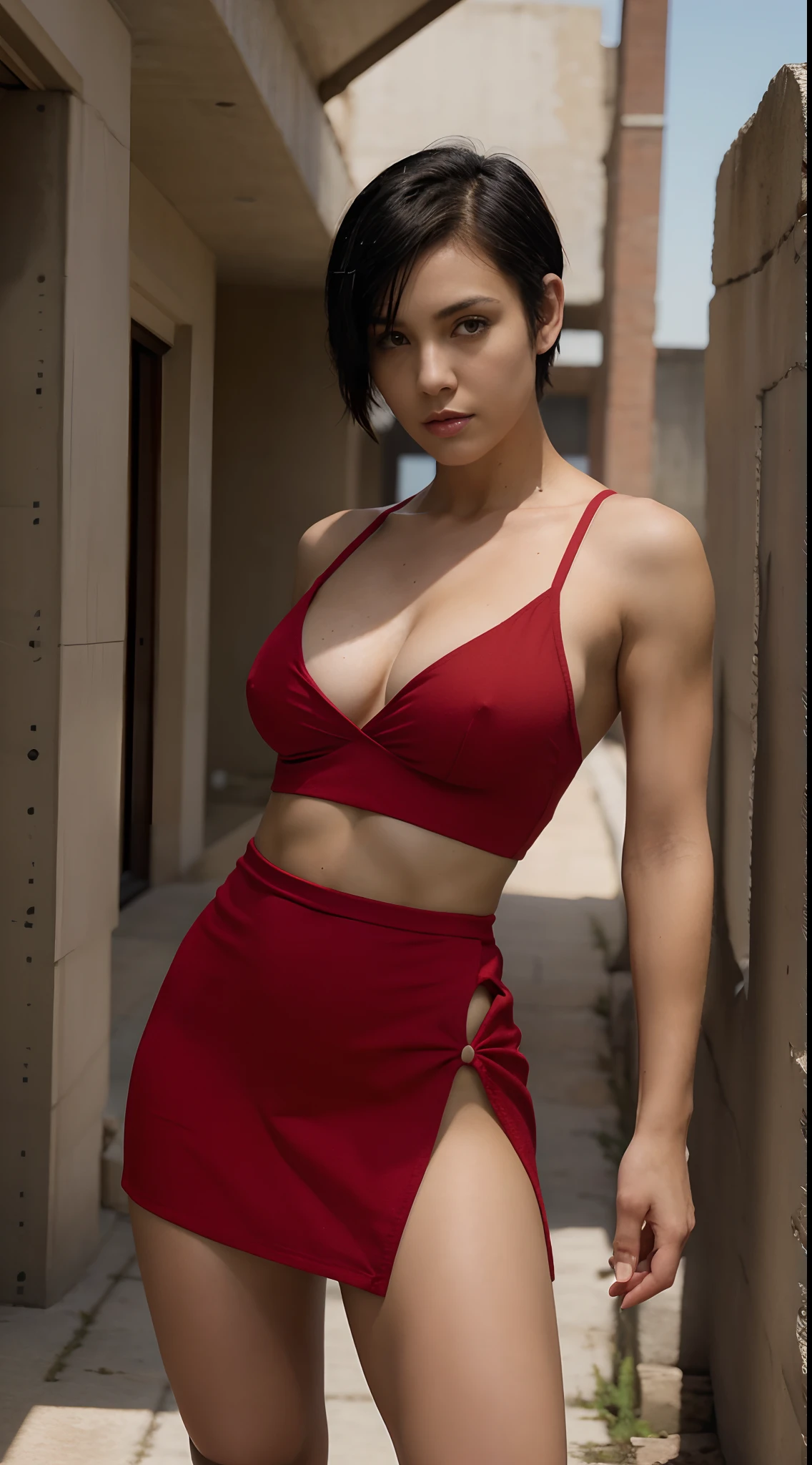Skimpy short red dress, undercut black hair, small breasts, fit, muscular, short hair, mercenary, undercover infiltration, sfw