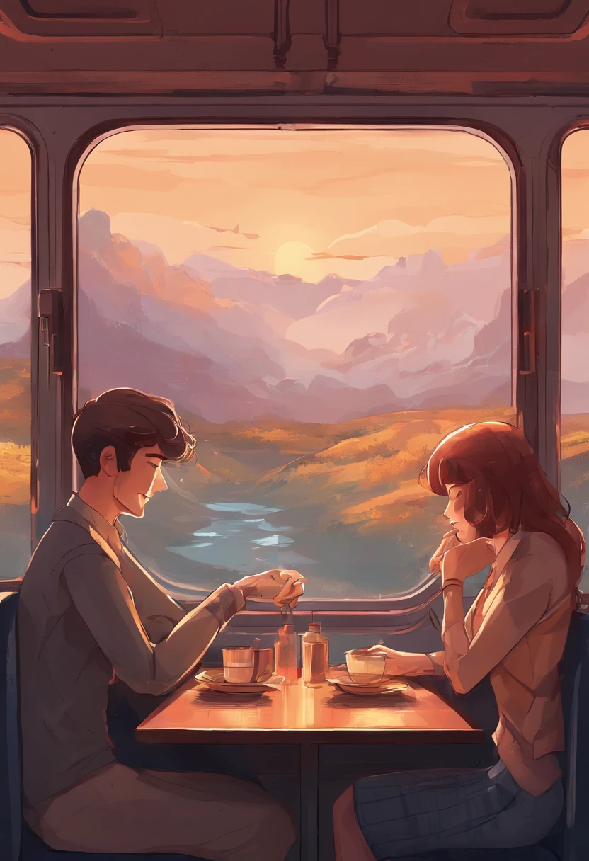 Capture the intimate moment of a couple sitting side by side inside a train compartment. They are positioned near a large window, gazing into each other's eyes with affection. Their hands are gently intertwined, conveying a deep connection. On the table between them, there are two drinks, adding a touch of elegance to the scene. The background showcases the passing landscapes, enhancing the sense of adventure and romance. The couple should be portrayed as genuinely happy and engaged in each other's company. The lighting should be warm and soft, creating a cozy atmosphere. The train window should provide a glimpse of the outside world, showcasing a picturesque landscape or an iconic landmark, ultra details, 8k resolution, masterpiece,