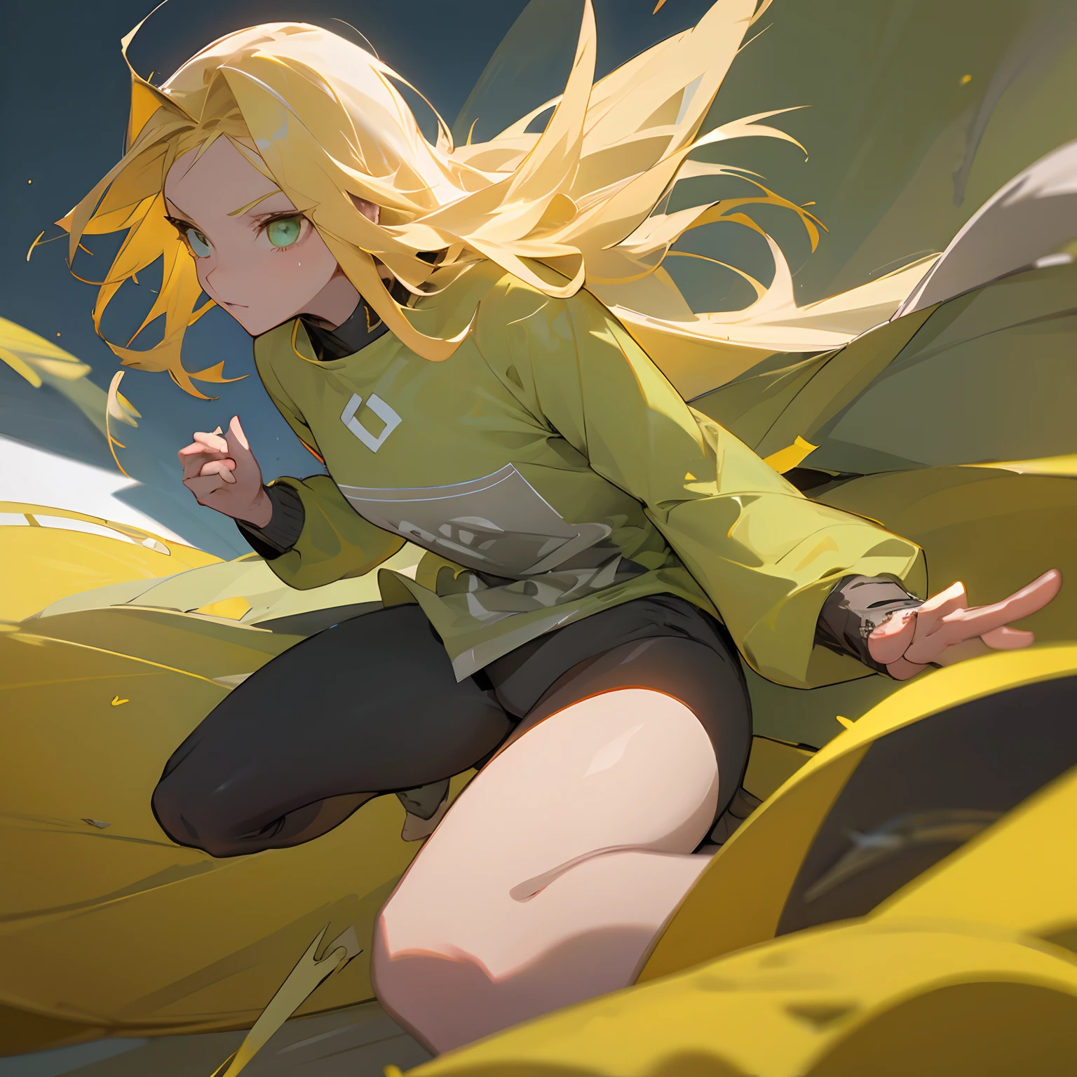 Yellow hair , green eyes , long sleeve grey shirt , old village background , windsurfing background , long spiky hair , 1female , young , chuld