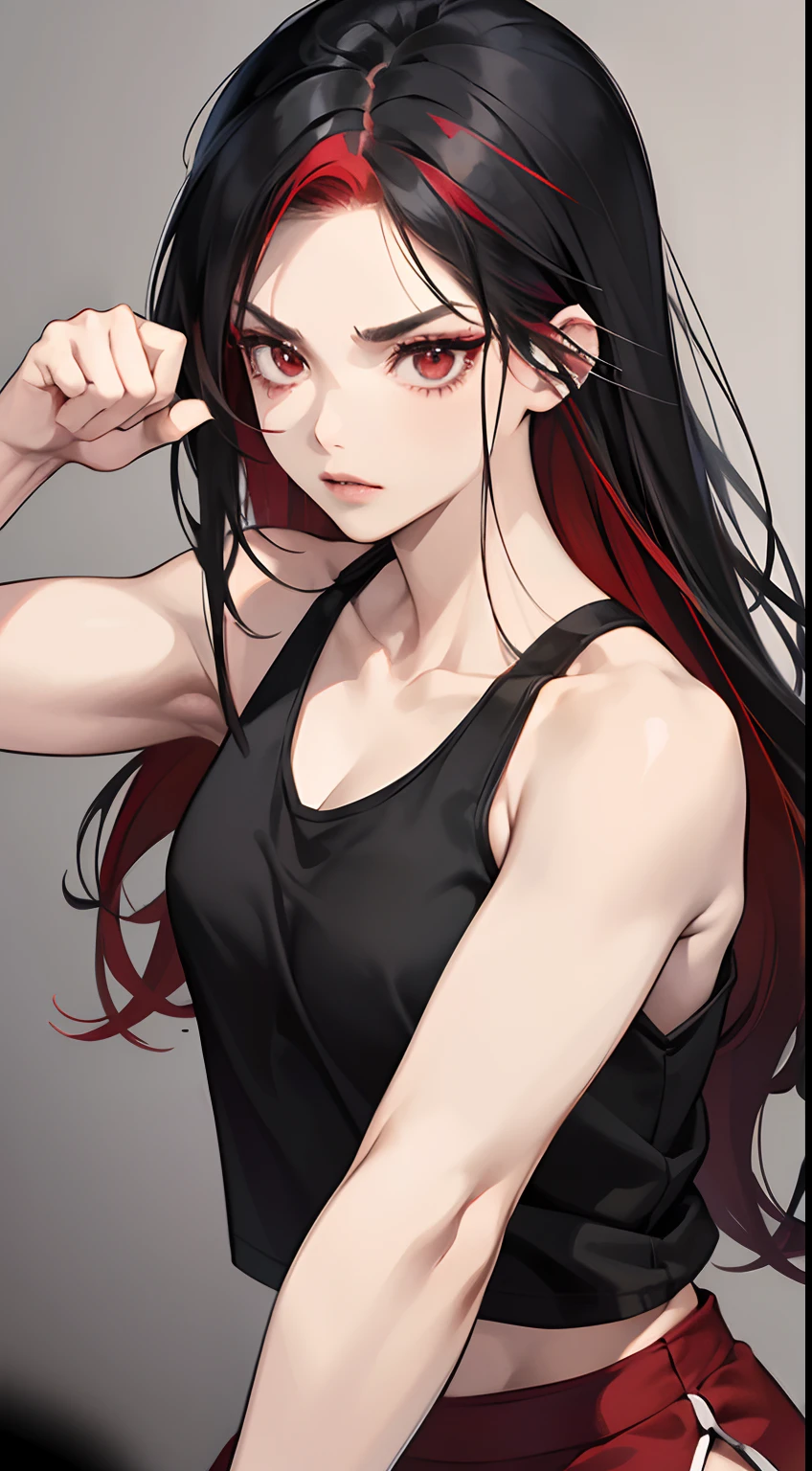 (Best Quality,4K,High resolution), girl with, Red mesh hair on black hair, Long straight hair, sharp eye,glares、Red Eyes、eye liner、Girl in black tank top,Delicately expresses realistic muscle texture down to the smallest detail、comic strip,animesque、martial art、Boxing Fighting Poses、