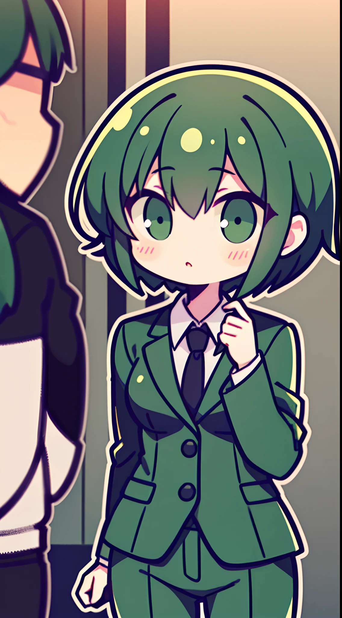 Green and black hair，Girl with short hair and suit