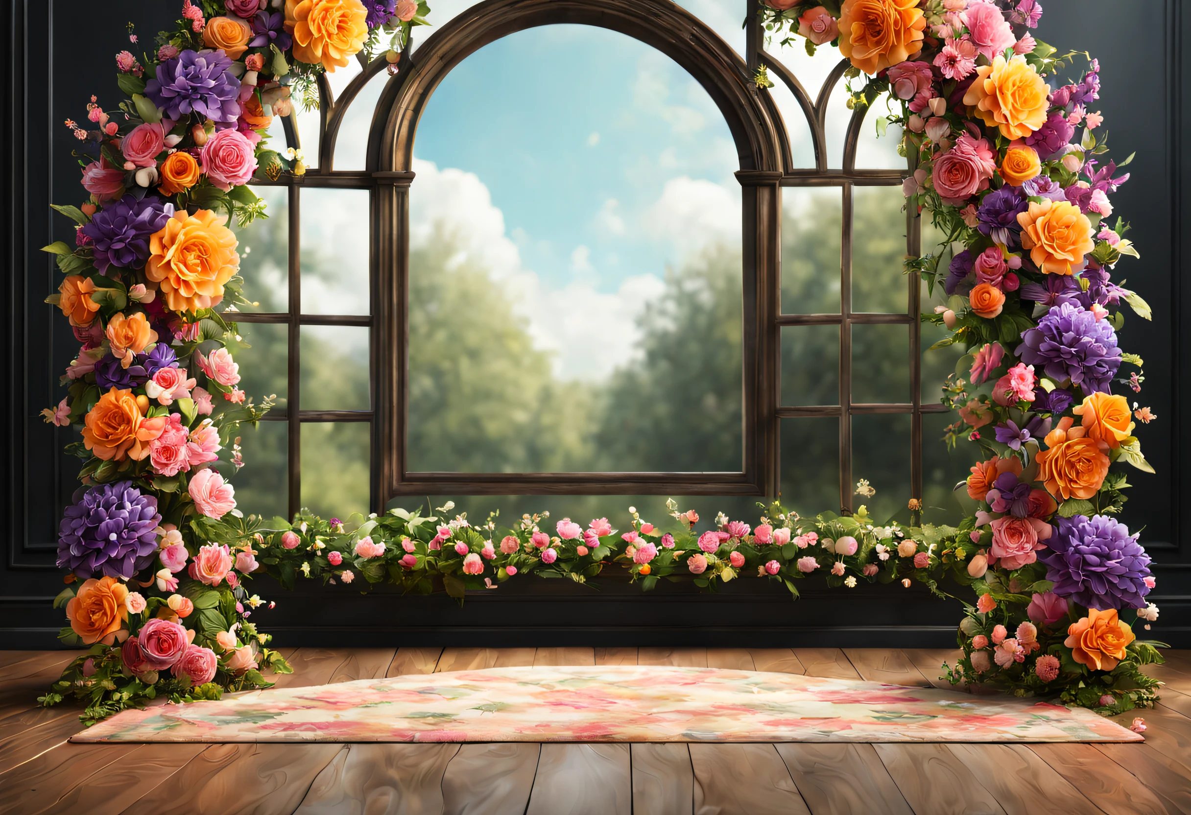 (best quality, 4k, 8k, high resolution, masterpiece: 1.2), ultra detailed, (realistic, photorealistic, photorealistic: 1.37),A realistic image of a floral arch with a mirror in the background. The arch is made of various colorful flowers and foliage. The flowers are pink, orange, yellow and purple tones. The arch is on a wooden floor with some potted plants scattered around. The mirror is gilded and adorned with a cherub at the top. The background is a dark wall with a window on the left side.