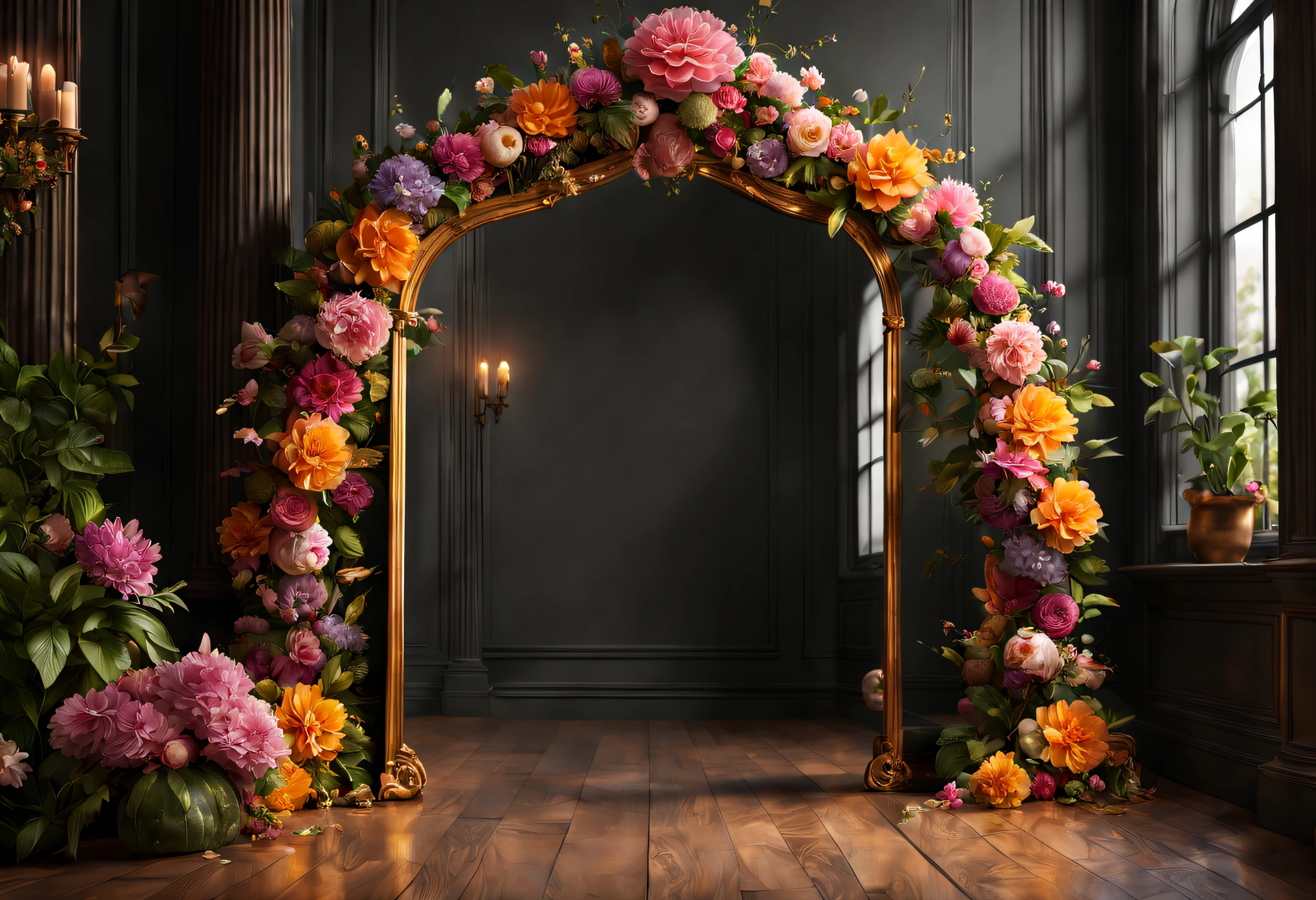(best quality, 4k, 8k, high resolution, masterpiece: 1.2), ultra detailed, (realistic, photorealistic, photorealistic: 1.37),A realistic image of a floral arch with a mirror in the background. The arch is made of various colorful flowers and foliage. The flowers are pink, orange, yellow and purple tones. The arch is on a wooden floor with some potted plants scattered around. The mirror is gilded and adorned with a cherub at the top. The background is a dark wall with a window on the left side.