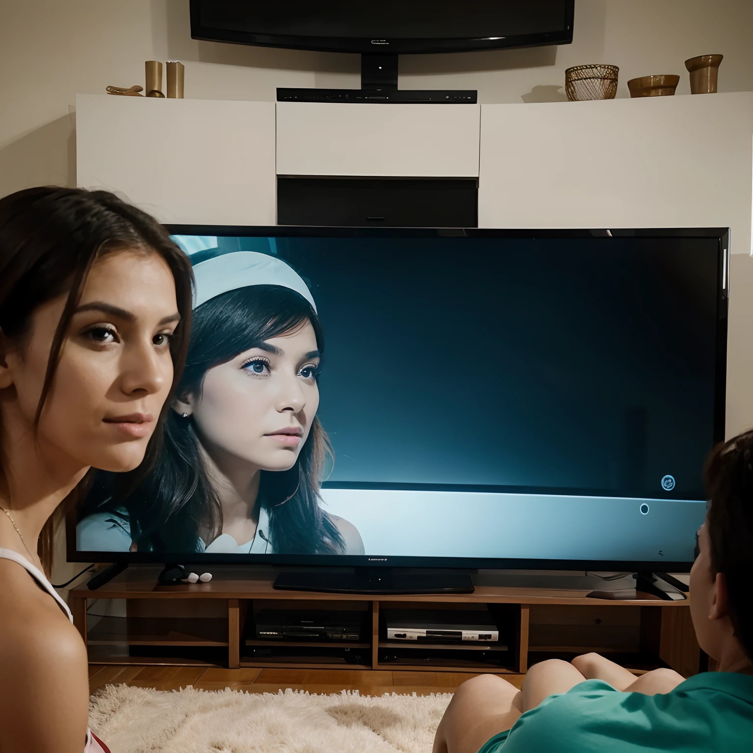 A family is watching TV in the living room when an advertisement appears on the screen, anunciando um valor de $50 por 6 meses