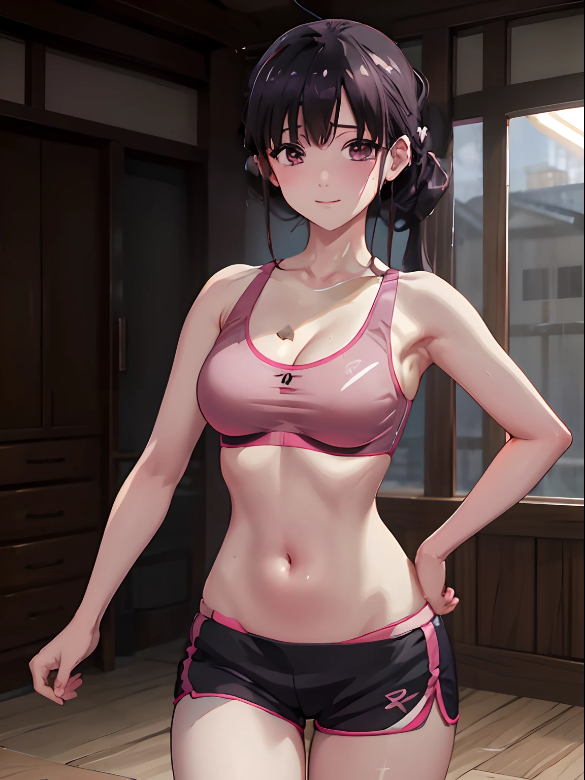 (masterpiece, best quality:1.2), highres, high resolution, MiyoSaimori, 1girl, solo, smile, teeth visible, (hair tied up), ((pink sports bra)), midd riff, shorts, running shorts, ((black running shorts)), indoors, gym, blur bacground, bangs, (medium breast), cleavage, looking at viewer, cinematic lighting, perfect fingers, perfect anatomy, beautiful face, alluring face, extra detailed face, award winning quality, blur background, ((masterpiece)), high quality, hands on hip, dynamic pose, (cowboy shot)