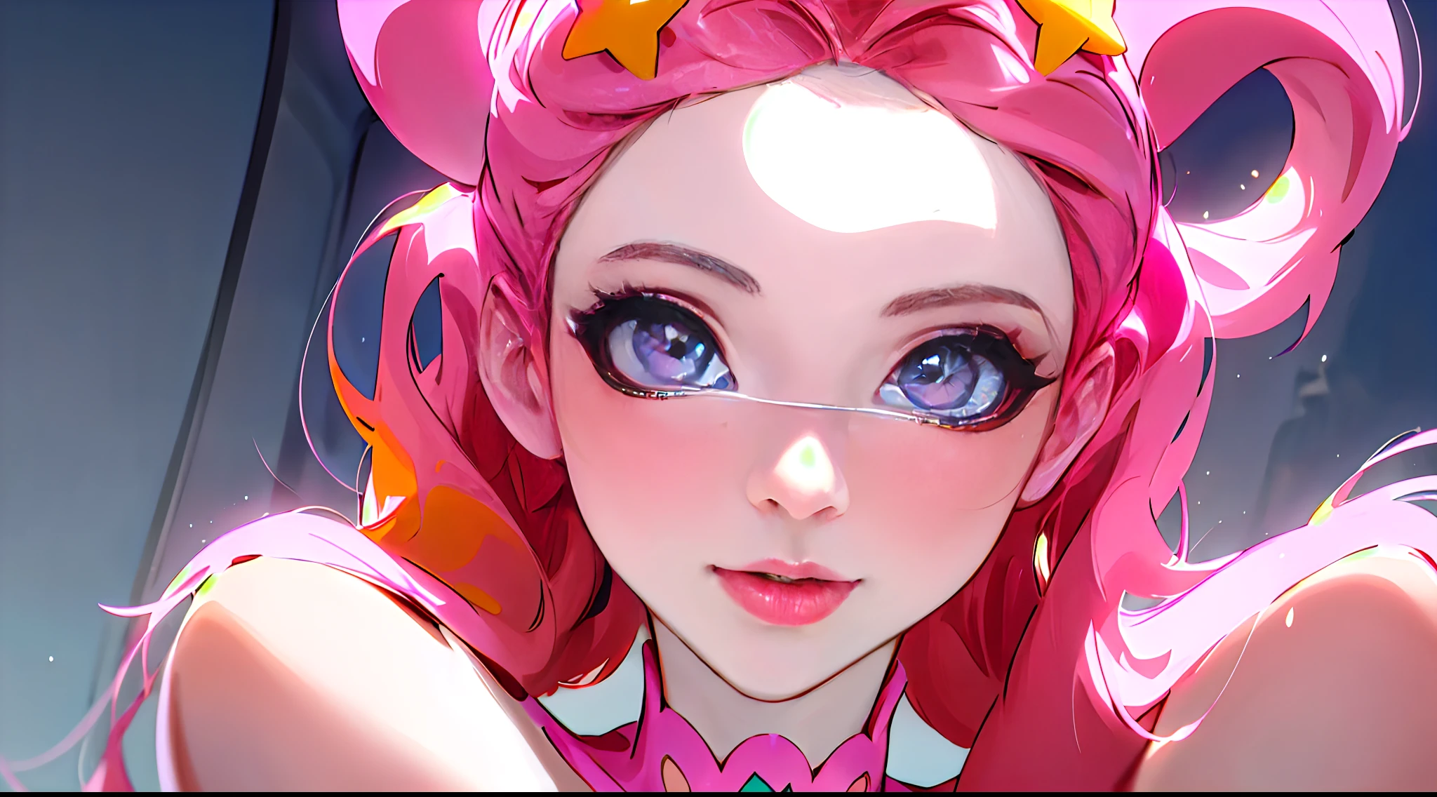 a close up of a woman with a pink star on her forehead, SFW, a colorized photo inspired by Alexander Deyneka, tumblr, pop art, amouranth, face like ester exposito, amouranth as a super villain, better known as amouranth, portrait of kim petras, dasha taran, olya bossak