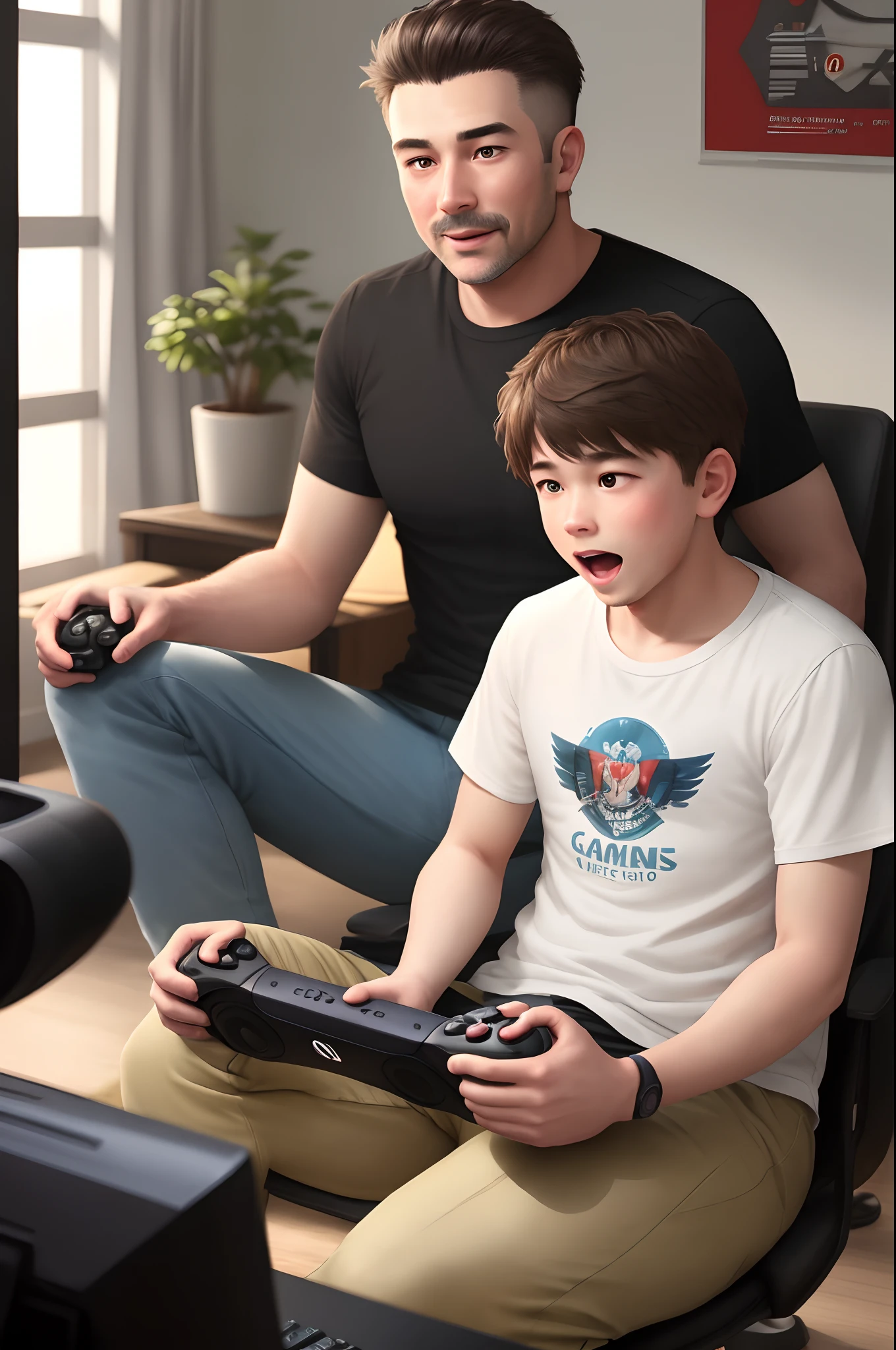 Father and son playing video games
