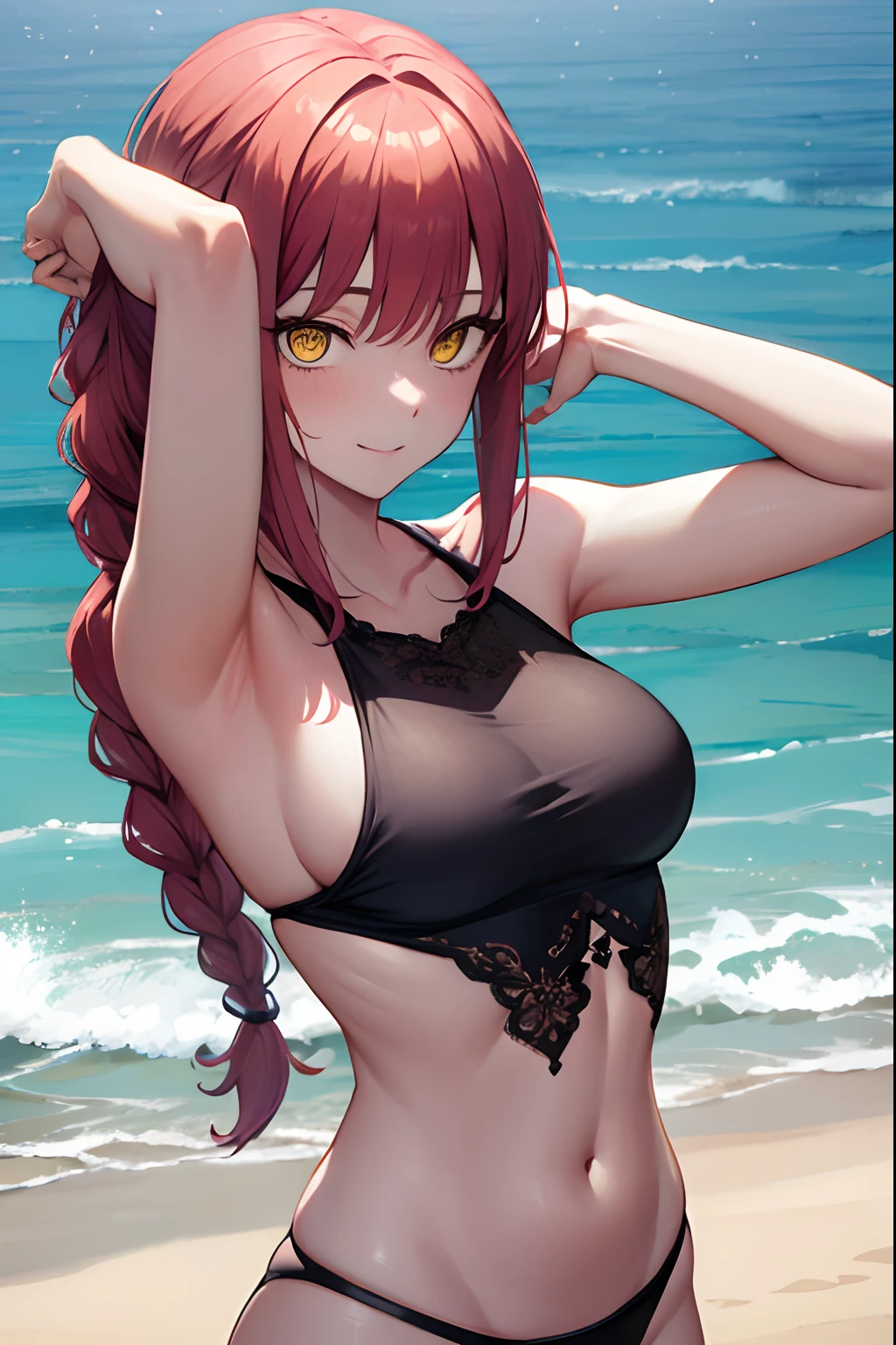 makima, long hair, smile, bangs, medium naked breasts, (yellow eyes:1.2), braid, red hair, braided ponytail, ringed eyes,
BREAK medium breasts, Naked, Exposed skin, Wet skin, (arms behind head, armpits),
BREAK (sea:1.2), beach, (solar:1.2), morning,
BREAK looking at viewer,
BREAK (masterpiece:1.2), best quality, high resolution, unity 8k wallpaper, (illustration:0.8), (beautiful detailed eyes:1.6), extremely detailed face, perfect lighting, extremely detailed CG, (perfect hands, perfect anatomy)