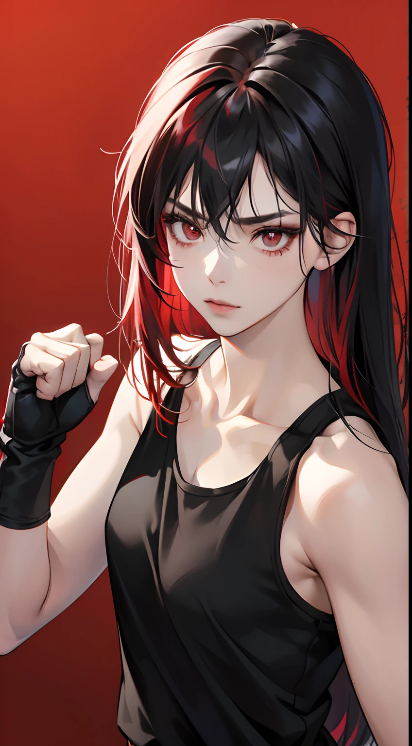 (Best Quality,4K,High resolution), girl with, Red mesh hair on black hair, Long straight hair, sharp eye,glares、Red Eyes、eye liner、Girl in black tank top,Delicately expresses realistic muscle texture down to the smallest detail、martial art、Realistic boxing fighting poses、