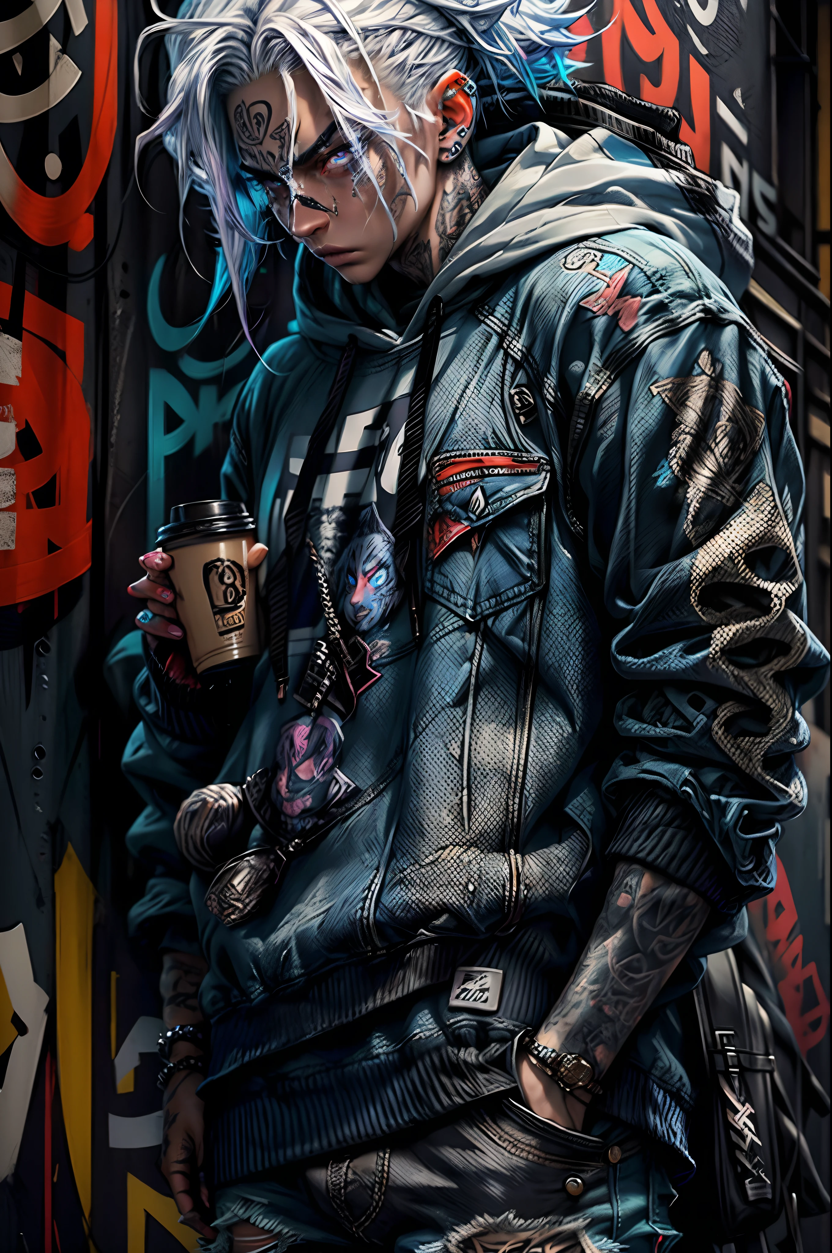 A cool and trendy cat, platinum rose color hair, blue glowing eyes, wearing trendy hip hop clothing, wearing a hoodie, graphic t-shirt and torn jeans, tons of tattoos and piercings, graffiti style background, highly detailed background, perfect masterpiece, high quality, high resolution