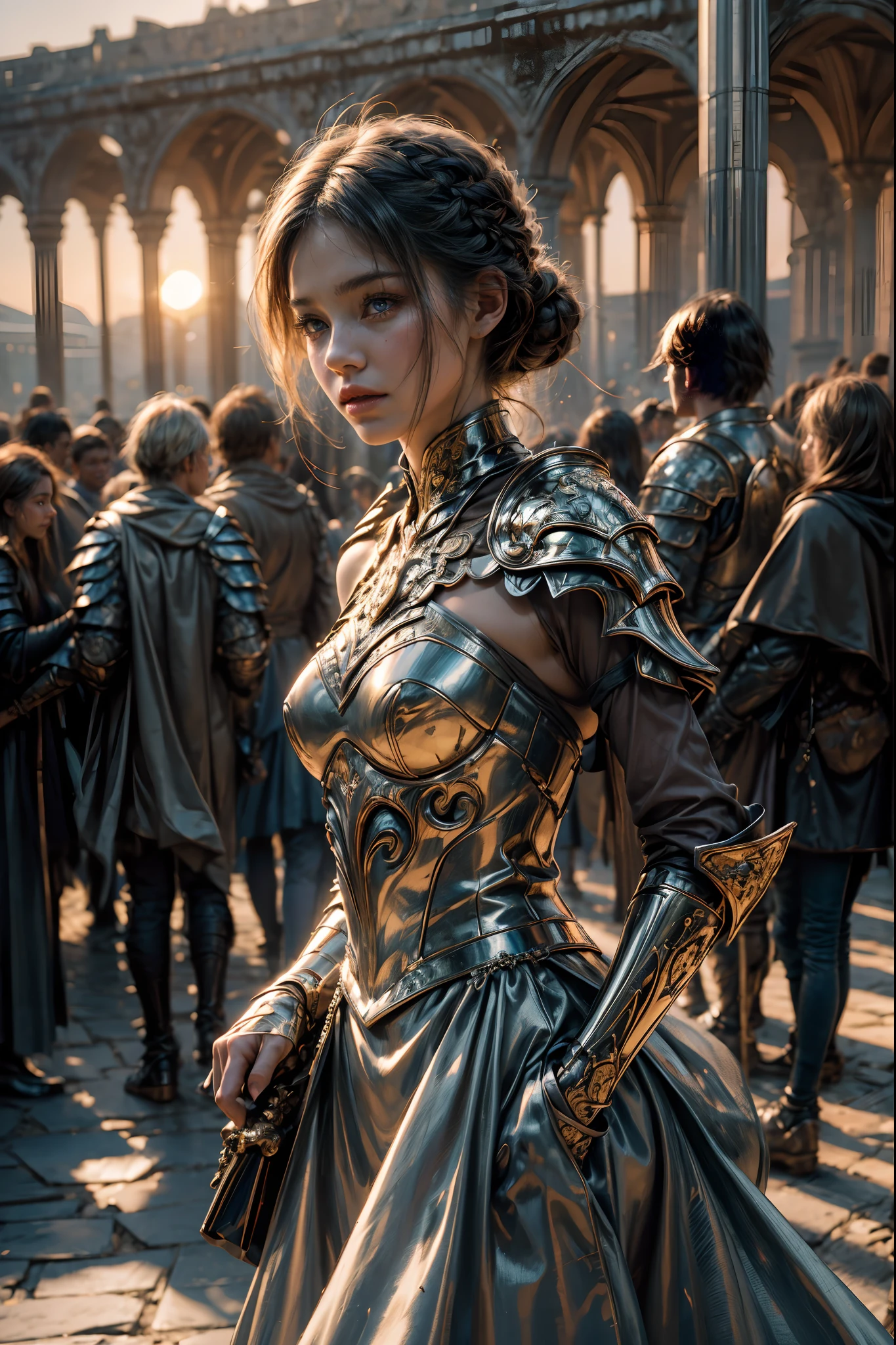 (masterpiece), (extremely intricate:1.3), (realistic), 1girl, solo, photo of a girl, the most beautiful in the world, (medieval armor), battlefield backdrop outdoors, far away castle, professional photograph of a stunning woman detailed, sharp focus, dramatic, award winning, cinematic lighting, volumetric dtx, (film grain, blurry background, blurry foreground, bokeh, depth of field, sunset, motion blur:1.3), 4k, 8k, hd, hdr, armor  bare shoulder, front view