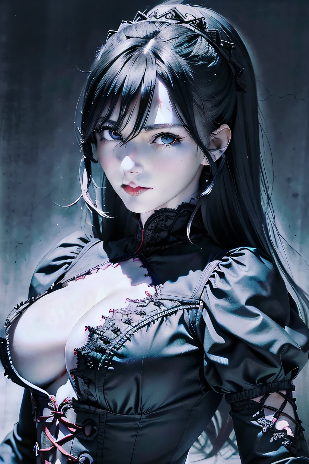 absurderes, masutepiece, Best Quality, nffsw, 1girl in, 、 Mature Woman, (Sharp Focus), Villain's smile, medium breasts, (Hair on long black background), (Blue eyes), (Detailed eyes), Gothic lace costumes, White and Red theme, Realism, Bai_castle, Ultra-detailed, Vivid, Intricate details, Photorealistic