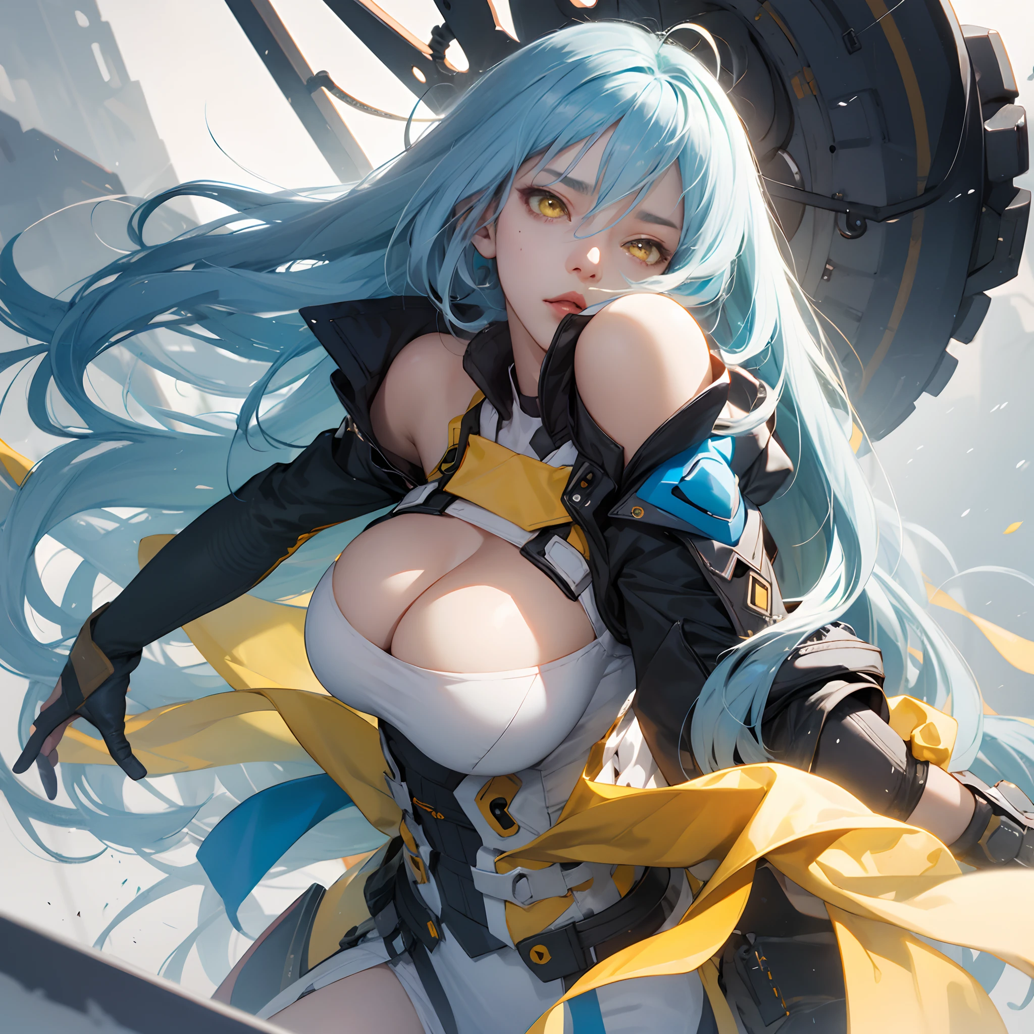 Long hair light blue hair yellow eyes massive breasts exposed cleavage anime