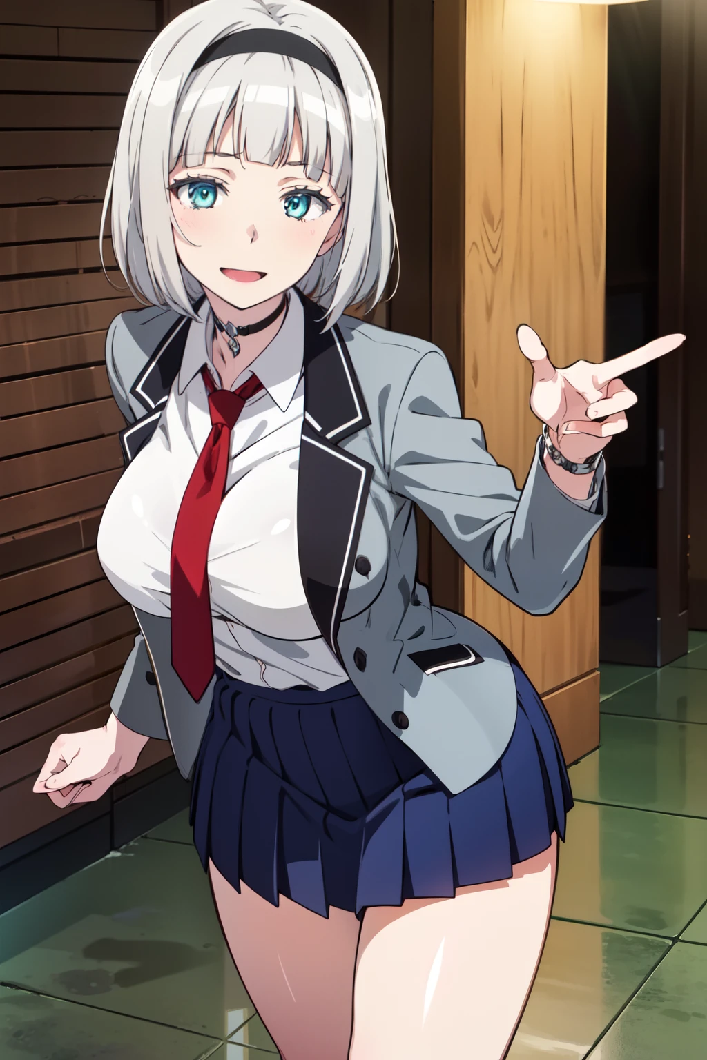 (masterpiece, best quality, ultra-detailed), AnnaNishikinomiya, white hair, aqua eyes, short hair, hairband, choker, large breasts, school uniform, grey jacket, white shirt, red necktie, blue skirt, jacket close, large skirt, standing, smile, open mouth