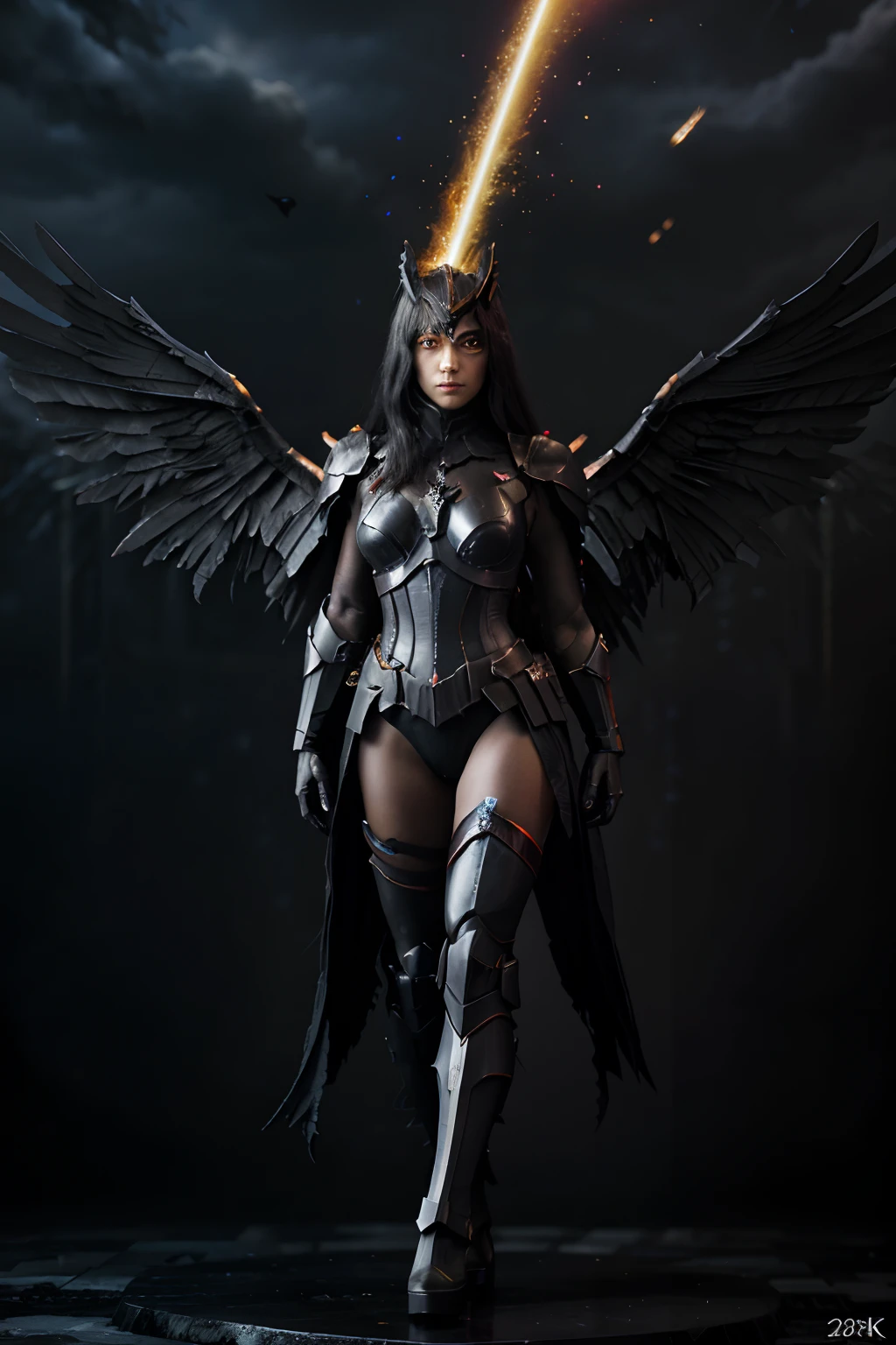 Full body shot, epic fallen valkryie dark knight maiden. wings composed of a black miasma , gold plasma particles and thunder static, hyper-detailed black and red valkyrie helmet and body armour, beautifully drawn crystal red eyes, mysticism, backlight, fantasy, beautiful, professional photo, 132k, 1/350s, f/3.8, ISO/100, high resolution, high detail, 40mm lens, aesthetically pleasing, correct angle. gloomy sky background.