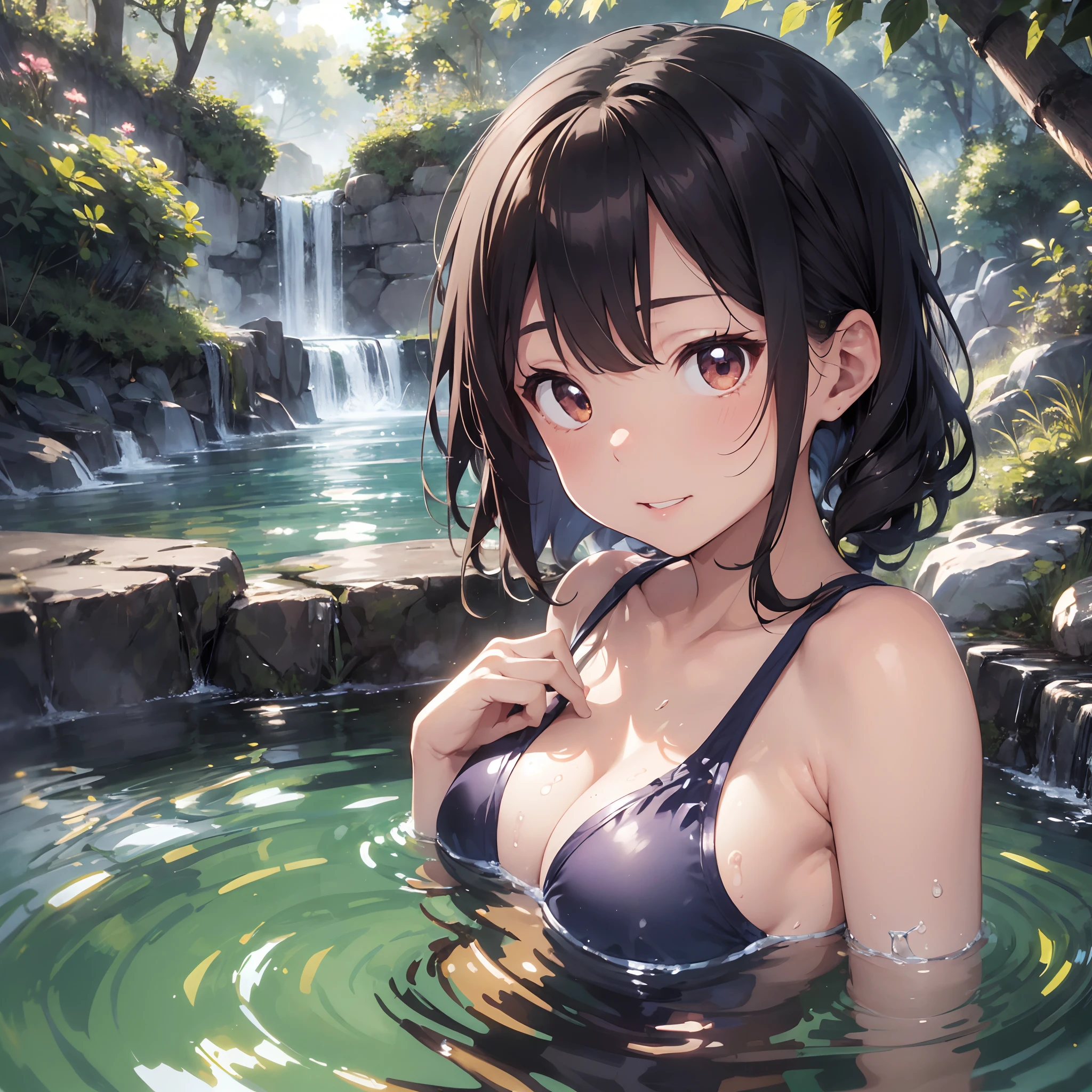 hight resolution、in 8K、hot onsen、((steam))、((steam))、
One beautiful young woman、
(Soft Saturation:1.3)、(light skinned:1.2)、
(hyper detailed background、细致背景)、bokeh dof、
Romper,Portrait of smiling girl。When viewed from the front、The composition is symmetrical。
Look straight at you with serious eyes、Romper,((silber hair)),
(swim wears)、(The bikini)、(School swim wear),middlebreasts、
strong lights、front lit、
(teen ager:1.3)、(cowboy  shot:1.2)、break
Angle from the front、

「Hot springs in the deep forest。Silence spreads around you、lots of trees々Swaying in the wind。Poor visibility due to high steam volume、Hot spring water gushes softly on the surface of the water.、Warmth that envelops the whole body。Soak slowly in hot water、While feeling the effect of a pleasant hot spring、Take a deep breath。The breeze and birdsong rings in your ears、Surrounded by the sounds of nature、Relaxing。Without thinking、Just surrender to the blessings of the hot springs、Heal the mind and body.。」
wakame、wakame、wakame、wakame、wakame、wakame、wakame、