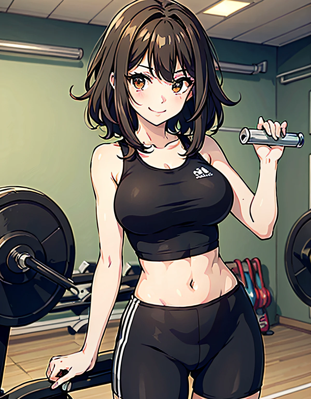 energetic eyes, tomboy, upper body,.\(Style\):,,..\(Composition\):\1girl,,..\(Appearance\): wide smile, messy hair, brown hair, golden eyes,..\(Clothing\):,(Comfortable clothing, tight black bike shorts over wide hips 1.2),(anime color style:1.1)(Behavior\):,..\(Location\):At gym\(Quality\): best quality, masterpiece,,.,