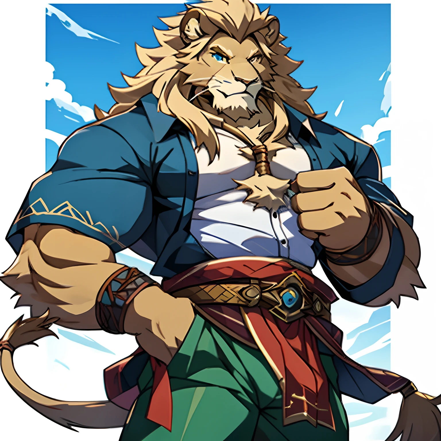 Lion version link, adulto, forte, with lion face, cabelos loiro, camisa azul, green pants, musculoso, Estilo anime, lion mane