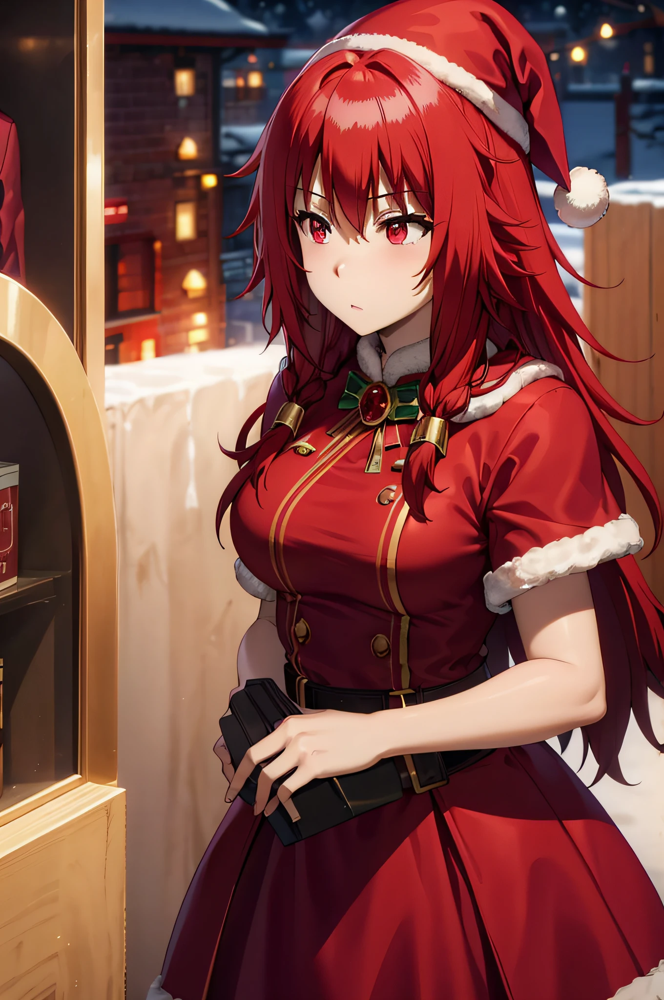 shokokomidef, RED hair, RED eyes, long hair, blush, red capelet, christmas, santa dress, capelet, dress, fur-trimmed capelet, santa costume, santa hat, red dress, red headwear, bangs, breasts, fur-trimmed dress, hat, fur trim, upper body, masterpiece, best quality,
