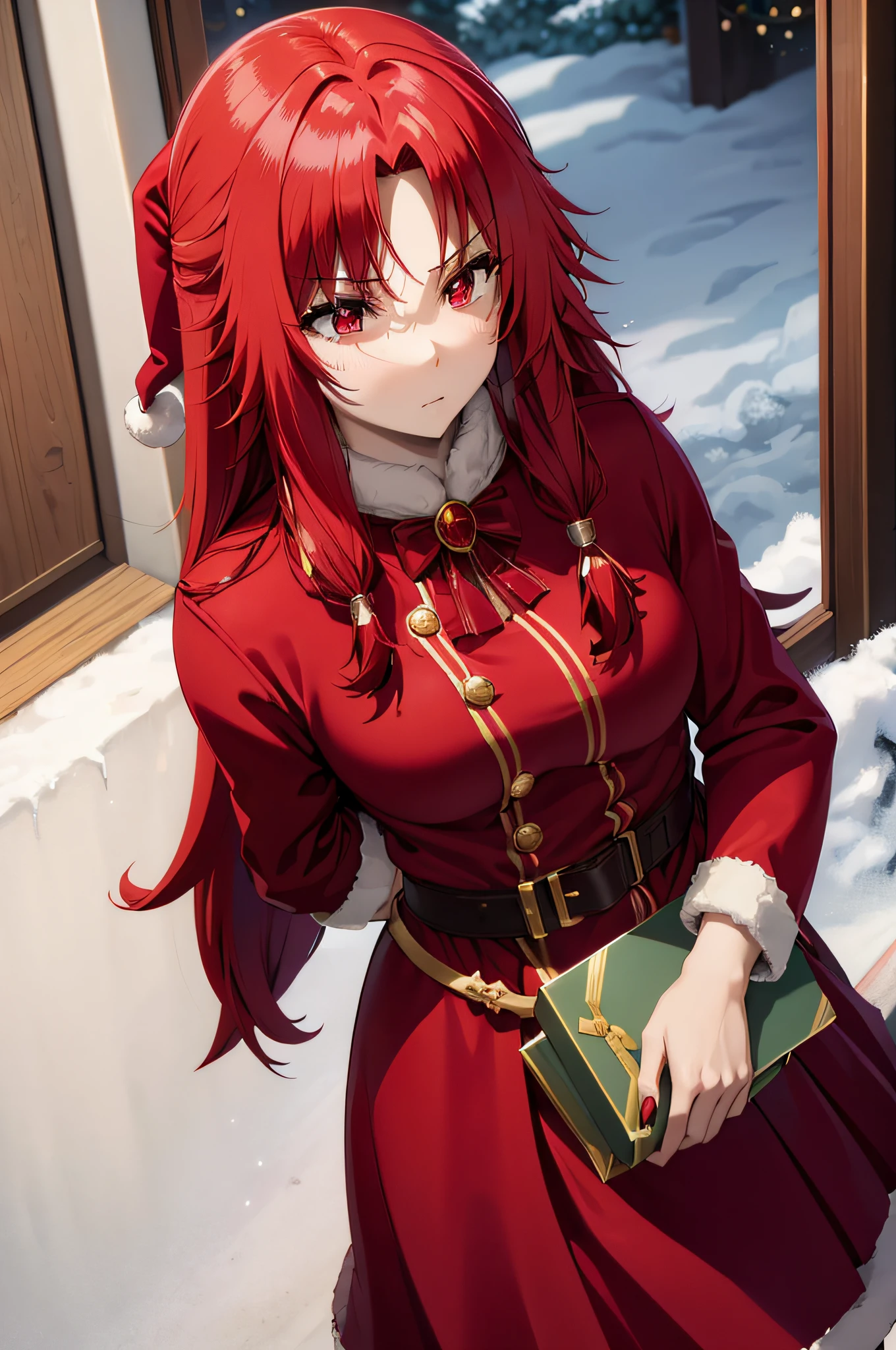 shokokomidef, RED hair, RED eyes, long hair, blush, red capelet, christmas, santa dress, capelet, dress, fur-trimmed capelet, santa costume, santa hat, red dress, red headwear, bangs, breasts, fur-trimmed dress, hat, fur trim, upper body, masterpiece, best quality,