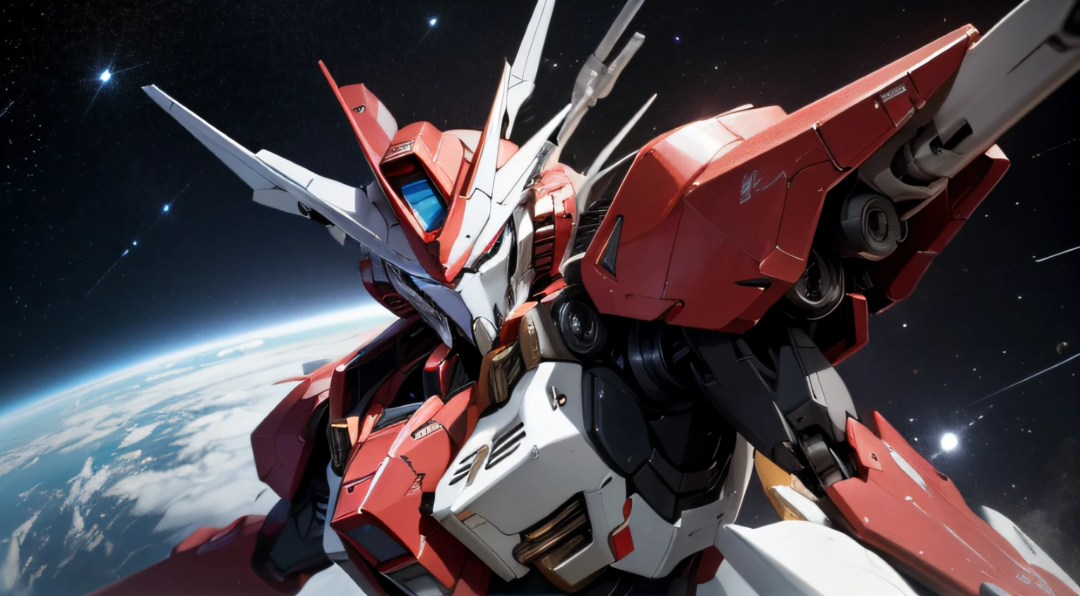 BlueＺGundam、Mobile Suit Robot、Engage fiercely with red enemy mobile armor robots、flying in space