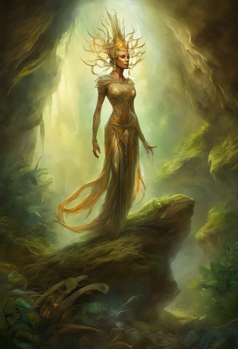 Mysticism, goddess of the underworld, beautiful cave keeper close-up, dragon goddess, journey to the center of the earth, portrait mode, fantastic world of alien civilization inside huge caves underground, riot of vegetation inside caves, glowing huge crystals, glowing magical light plants, glowing mushrooms, glowing moss, glowing flying animals and insects, extraterrestrial technology, extraterrestrial machinery, dynamic poses, bright magical light, colorful, colorful, the picture should be taken in (("natural light"))) to create a realistic scene. Use a (("50mm")) lens to point at the subject, and the image should result in (("high resolution" )))) with exceptional detail. en HD, 3D photorealism, high resolution, sympathy for detail, magic, photorealism, portraiture, super wide angle, depth of detail, super detail, excellent color reproduction