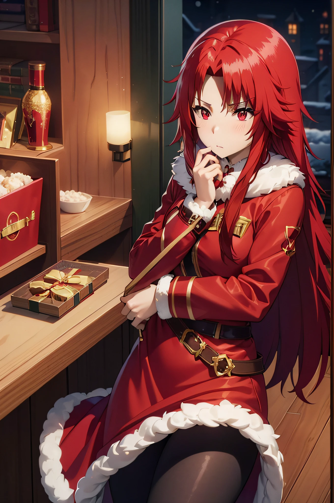 shokokomidef, RED hair, RED eyes, long hair, blush, red capelet, christmas, santa dress, capelet, dress, fur-trimmed capelet, santa costume, santa hat, red dress, red headwear, bangs, breasts, fur-trimmed dress, hat, fur trim, upper body, masterpiece, best quality,