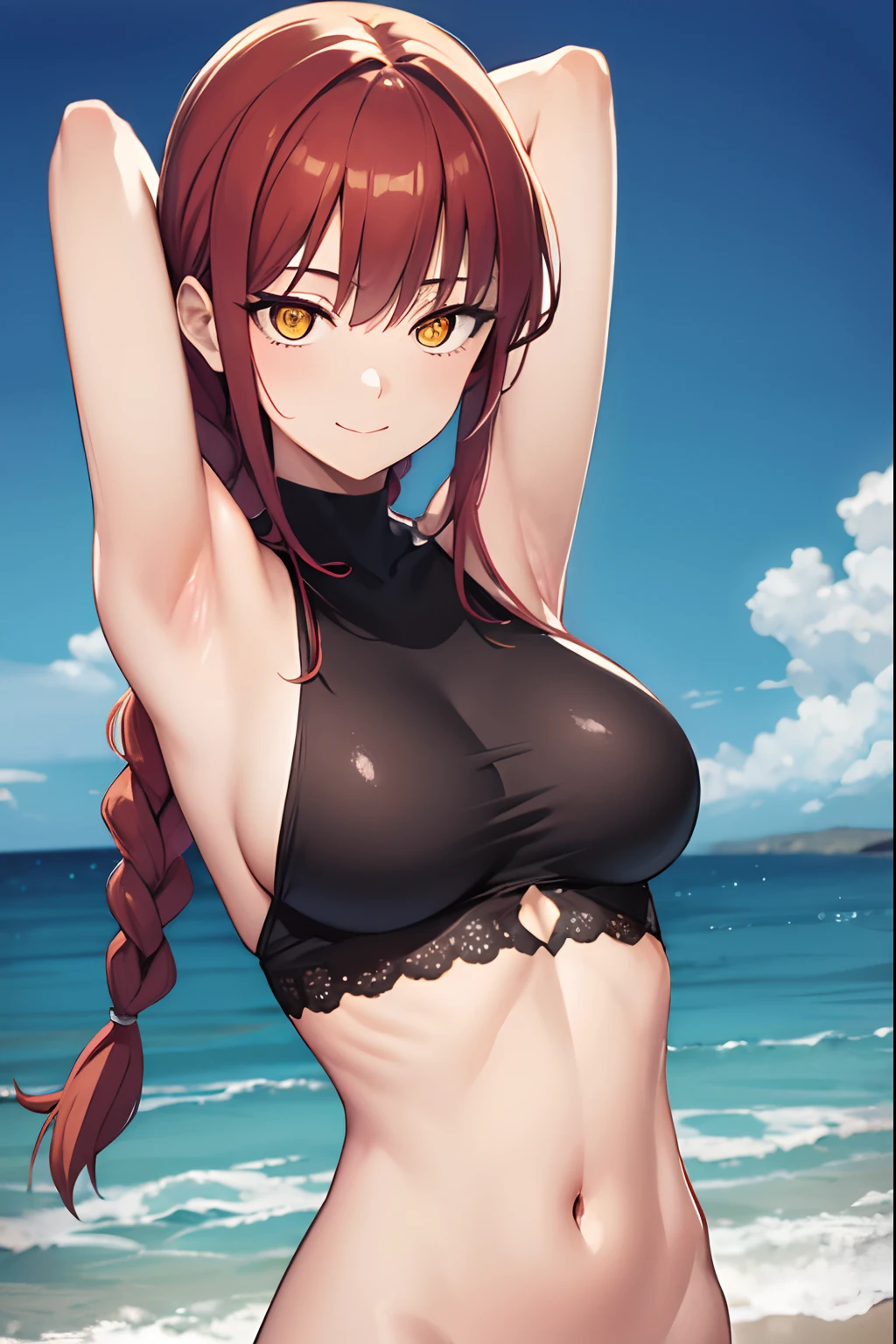 makima, long hair, smile, bangs, medium naked breasts, (yellow eyes:1.2), braid, red hair, braided ponytail, ringed eyes,
BREAK medium breasts, Naked, Exposed skin, Wet skin, (arms behind head, armpits),
BREAK (sea:1.2), beach, (solar:1.2), morning,
BREAK looking at viewer,
BREAK (masterpiece:1.2), best quality, high resolution, unity 8k wallpaper, (illustration:0.8), (beautiful detailed eyes:1.6), extremely detailed face, perfect lighting, extremely detailed CG, (perfect hands, perfect anatomy)