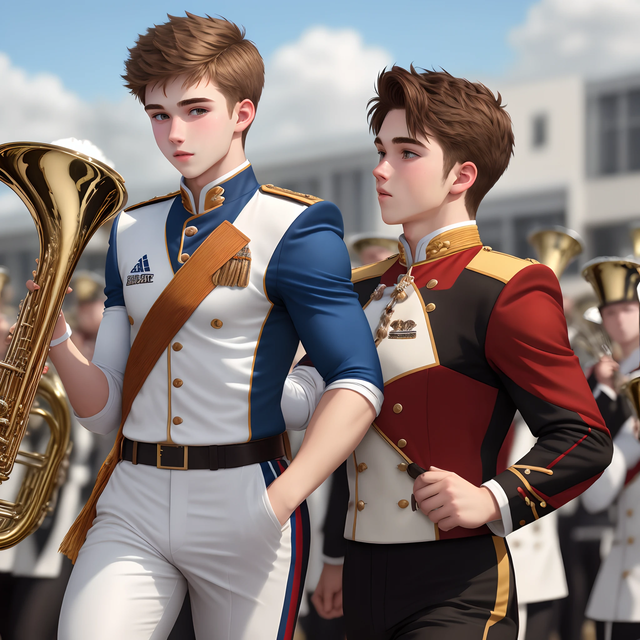 Caucasian male, brown hair, hazel eyes, high school junior, athletic build, attractive, fair skin, marching band uniform