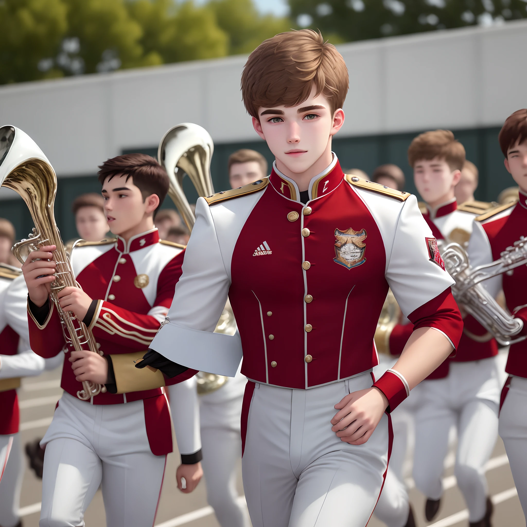 Caucasian male, brown hair, hazel eyes, high school junior, athletic build, attractive, fair skin, marching band uniform