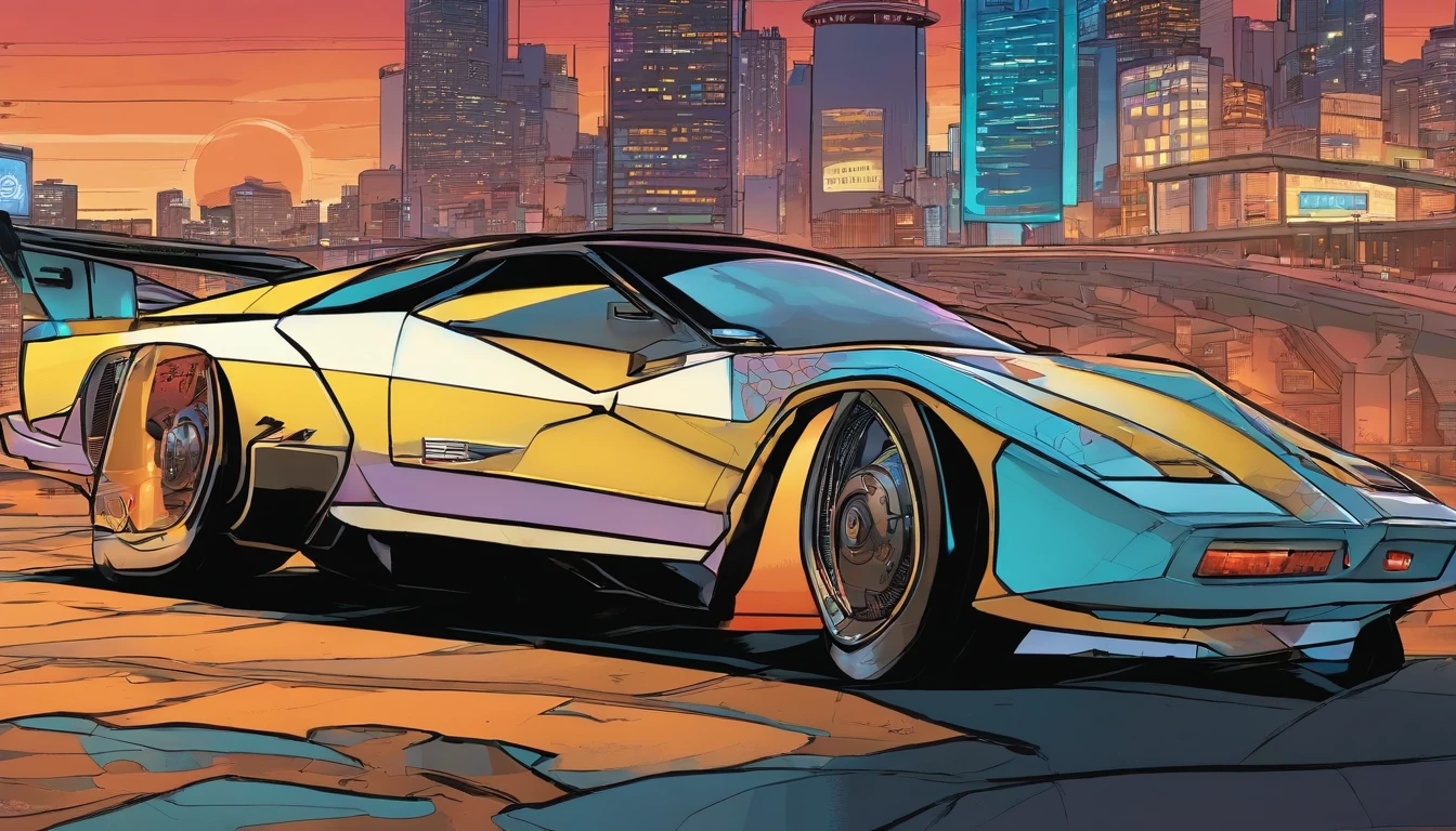 a blue car similar to a Nissan 300ZX but with futuristic, somewhat cyberpunk design elements. The car is heavily modified and sits low to the ground. The car is parked on the side of a Japanese inspired mountain backroad, and in the far distance a neon lit city can be seen. It is approximately 10:30pm. Retro-futuristic 1990s
