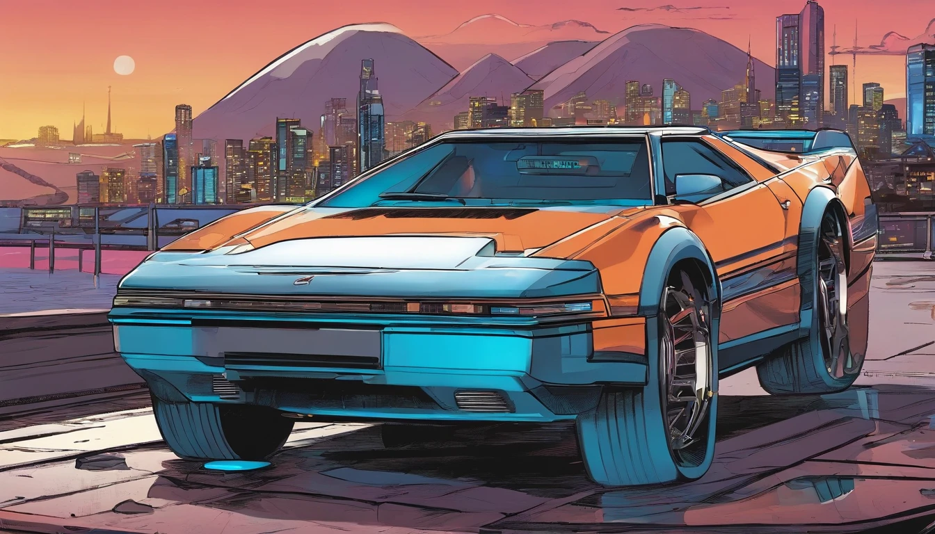 a blue car similar to a Nissan 300ZX but with futuristic, somewhat cyberpunk design elements. The car is heavily modified and sits low to the ground. The car is parked on the side of a Japanese inspired mountain backroad, and in the far distance a neon lit city can be seen. It is approximately 10:30pm. Retro-futuristic 1990s