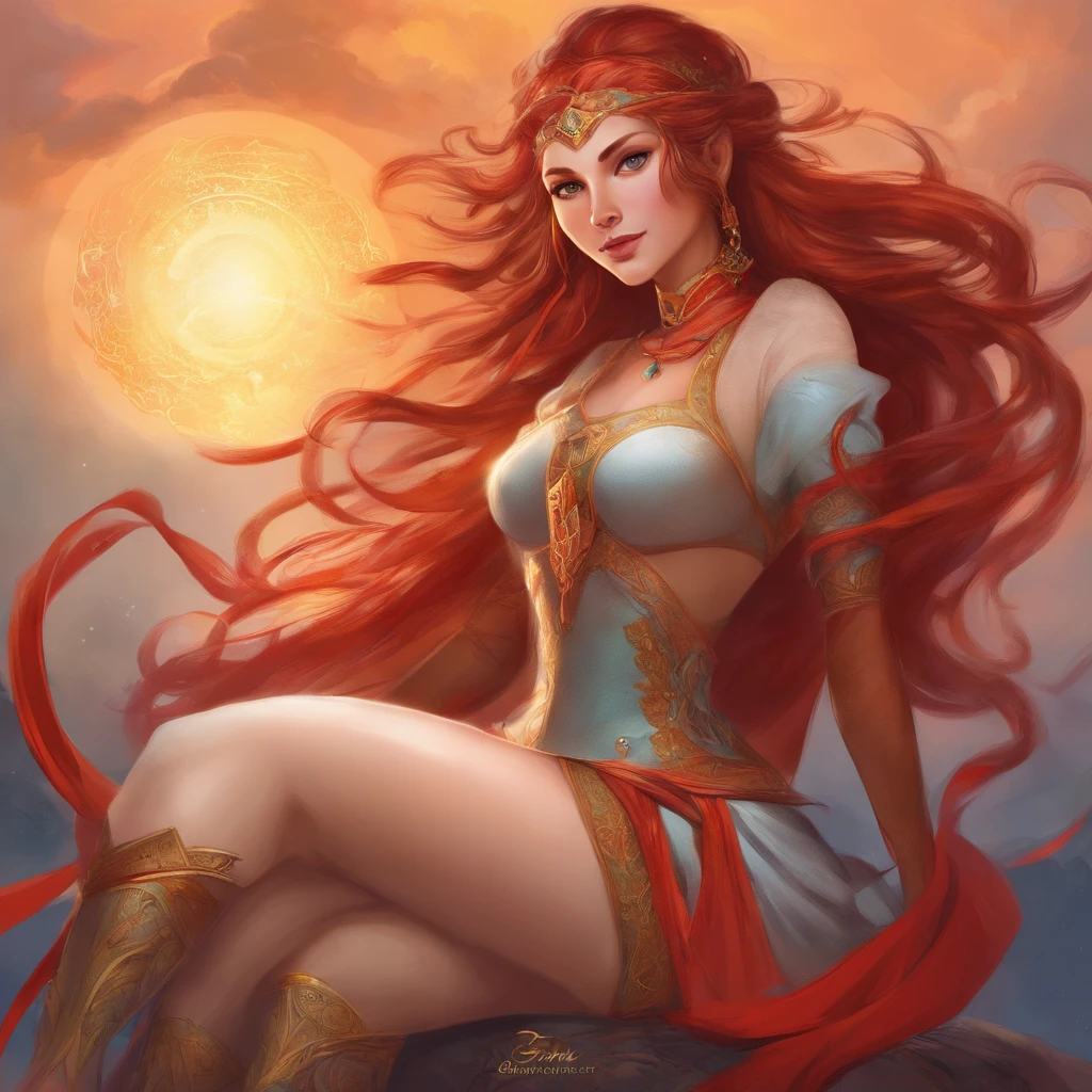 Carol is a 1.60 meter tall woman with a voluptuous and curvy figure. She has broad shoulders, a slim waist and generous hips that accentuate her femininity. His skin is a warm, healthy red tone. She has deep brown eyes and long red hair in braids with magically colored ribbons. His arms are sculpted due to his constant practice of magic, and his legs are firm and well proportioned. This detailed description creates a vivid image of your body.,SAM YANG,cloudstick