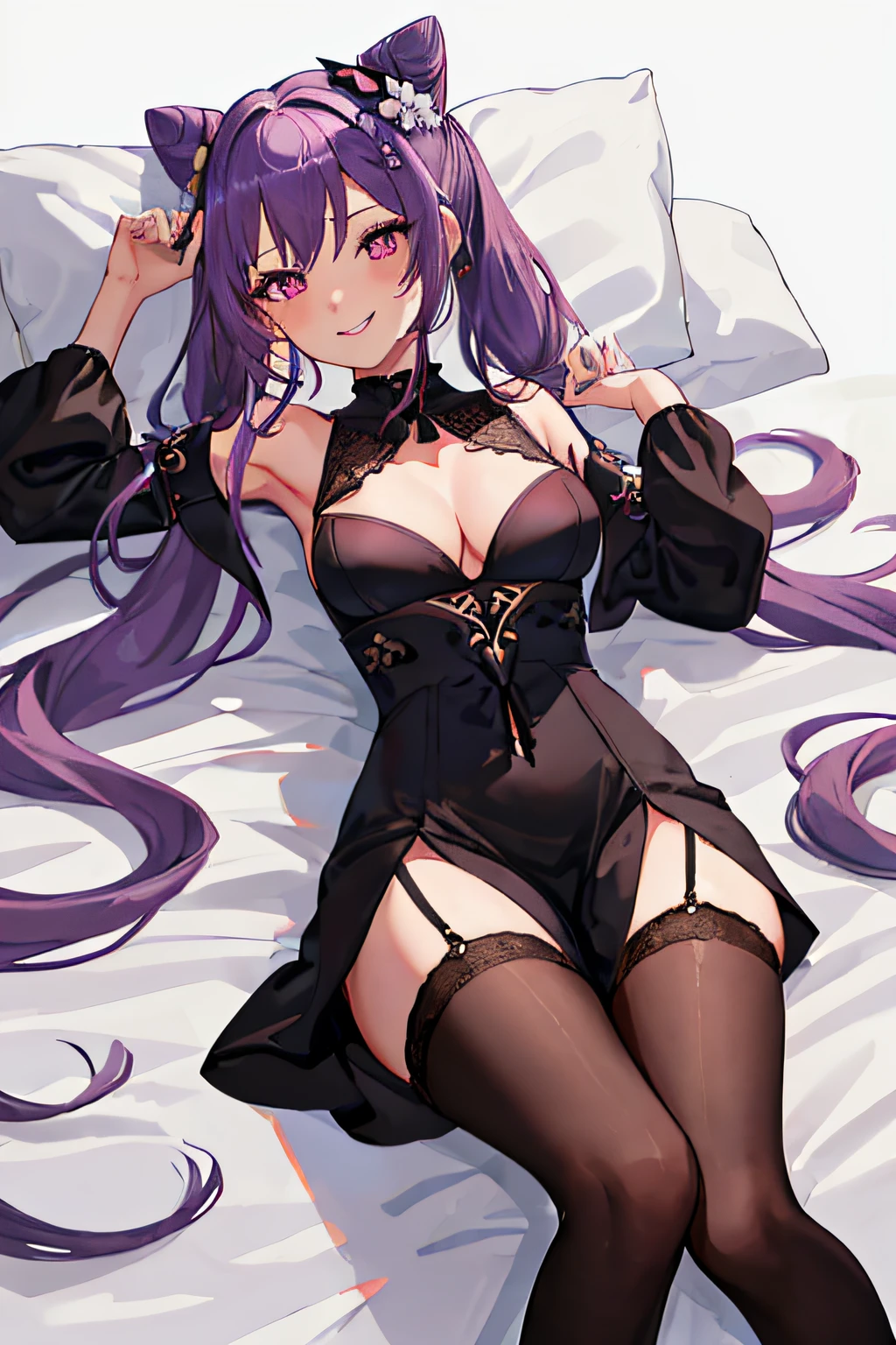Best quality, Masterpiece, A high resolution, Solo, {Keqing_Genshin:1.15}, Long_Hair, purple_Hair, purple_Eyes, Hair_Bun, cone_Hair_Bun, double tails, bangs, Double_Bun, Breasts, Hair_decorations, Blush, Braid, mediating_Breasts, Closed_Mouth, 1girll, Bare_bshoulders, cleavage, Looking_at_peeping at the viewer, Simple_Background, The upper part of the body_Body, White_Background, Hair_between_Eyes, Large_Breasts, 鎖骨,(Wearing a long black lace dress),(Smile),evil grin smile,Licking his lips,Wearing black stockings,red color eyes,(Lie down in bed)