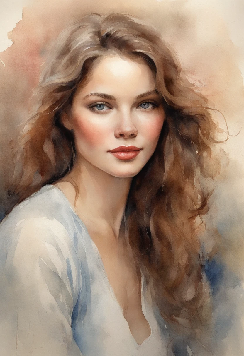 Imagine a watercolor portrait of a young woman with a calm expression on her face. This painting、Captures the subtle play of light and shadow in its features. Her eyes are a seductive shade of deep blue, pa、They have, seem, There is a hint of a distant memory. The artist's skillful manner of writing、Accentuates the fine texture of her skin, Give realistic quality. The subject's lips are softly colored in a natural pink hue, And a gentle smile adorns her face. Sprigs of her wavy reddish-brown hair surround her face, Beautiful harmony with dreamy things, Ethereal background in soft pastel colors. The general atmosphere of the picture is as follows:、exudes a sense of calm and introspection.