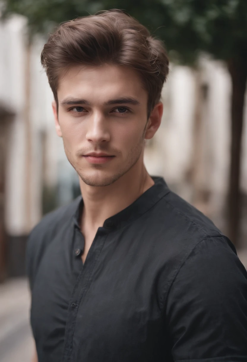 22 year old boy, caucasian, black shirt,messy quiff brown hairs style, square face shape, light beard, looking at camera, street photograpghy, straight possing, perfect lighting, deep shadow, best quality, masterpiece, ultra highres, photorealistic