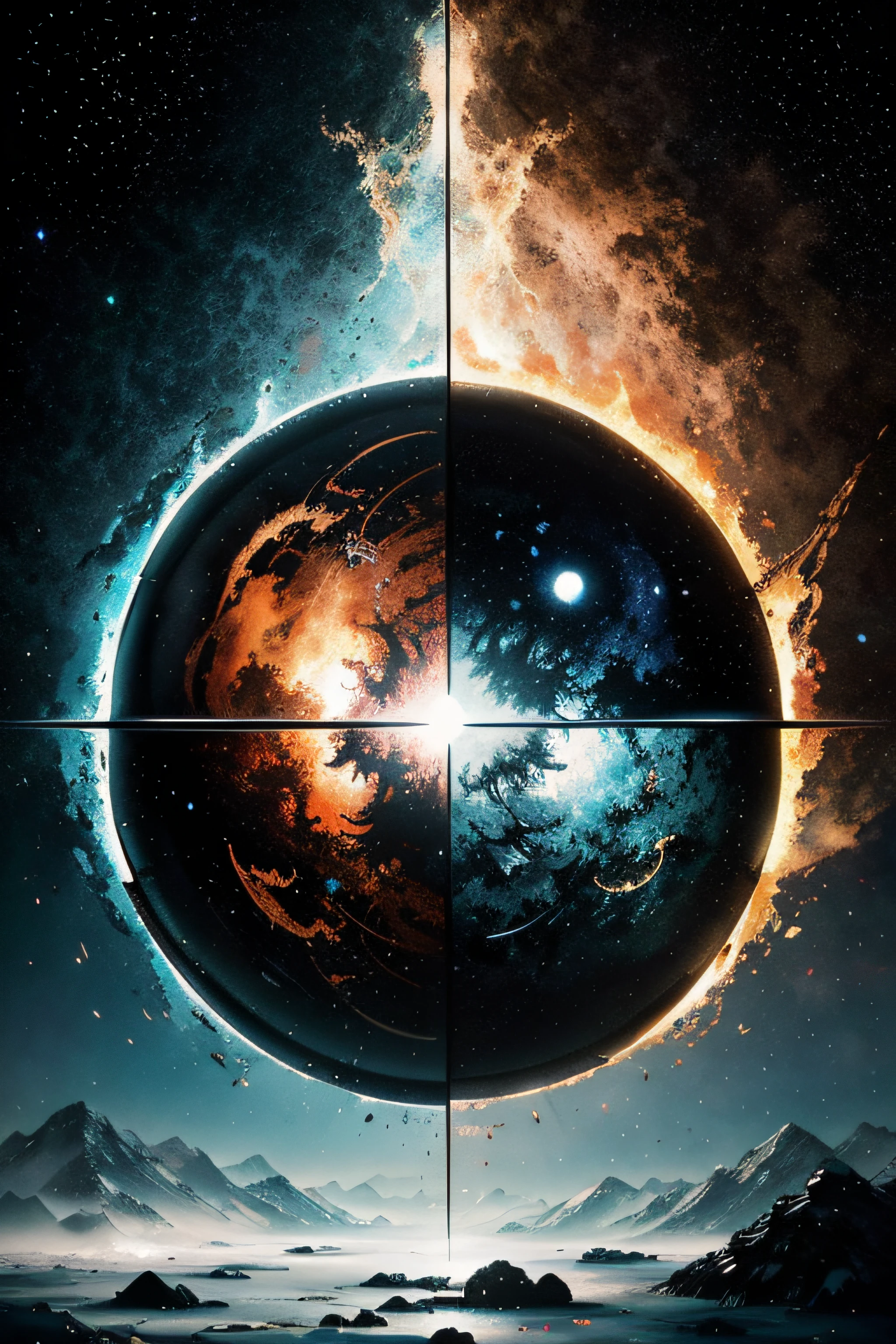 Yin and Yang harmony Fantasy Constellation Universe stars galaxy, Split, Day and Night, Fire and Ice !! Mirror!! Reflection!!" double exposure collage art illustration, silhouette art, fantasy, vibrant, surrealism, hyperdetailed, hypermaximalist illustration by Carne Griffiths, Ismail Inceoglu, Jean Baptiste Monge. Nicolas Delort, Jeremy Mann, Android Jones, Victo Ngai, Hokusai, Andreas Lie