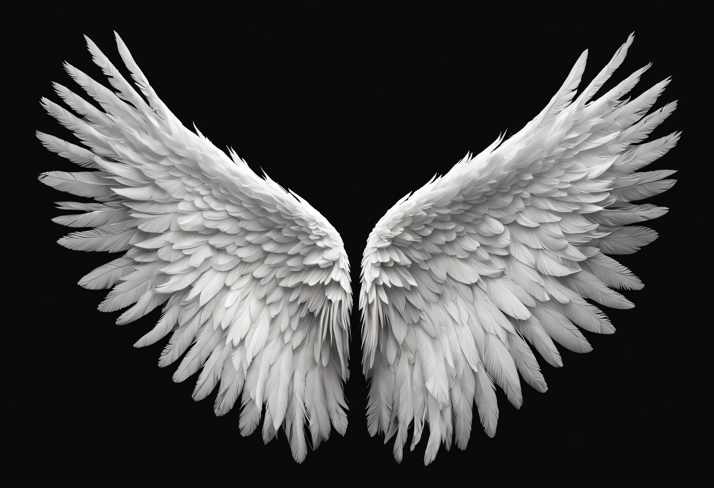(best quality, 4k, 8k, high resolution, masterpiece: 1.2), ultra detailed, (realistic, photorealistic, photorealistic: 1.37),image of a photograph of a pair of wings. The wings are white and made of feathers. The wings are spread and appear to be in flight. The background is black and the wings are the only object in the photo. The wings are symmetrical and appear to be made from a single piece of material.