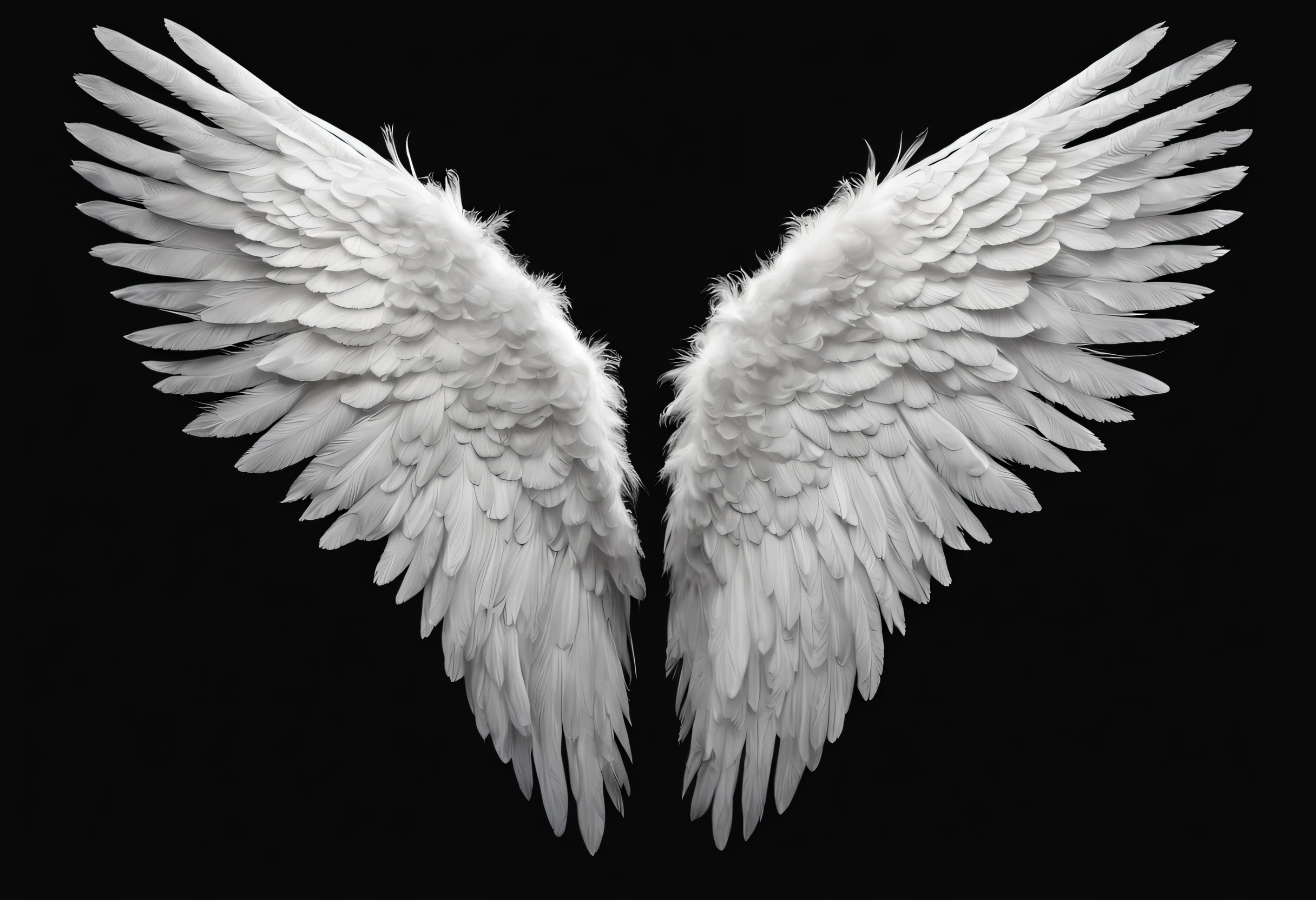 (best quality, 4k, 8k, high resolution, masterpiece: 1.2), ultra detailed, (realistic, photorealistic, photorealistic: 1.37),image of a photograph of a pair of wings. The wings are white and made of feathers. The wings are spread and appear to be in flight. The background is black and the wings are the only object in the photo. The wings are symmetrical and appear to be made from a single piece of material.