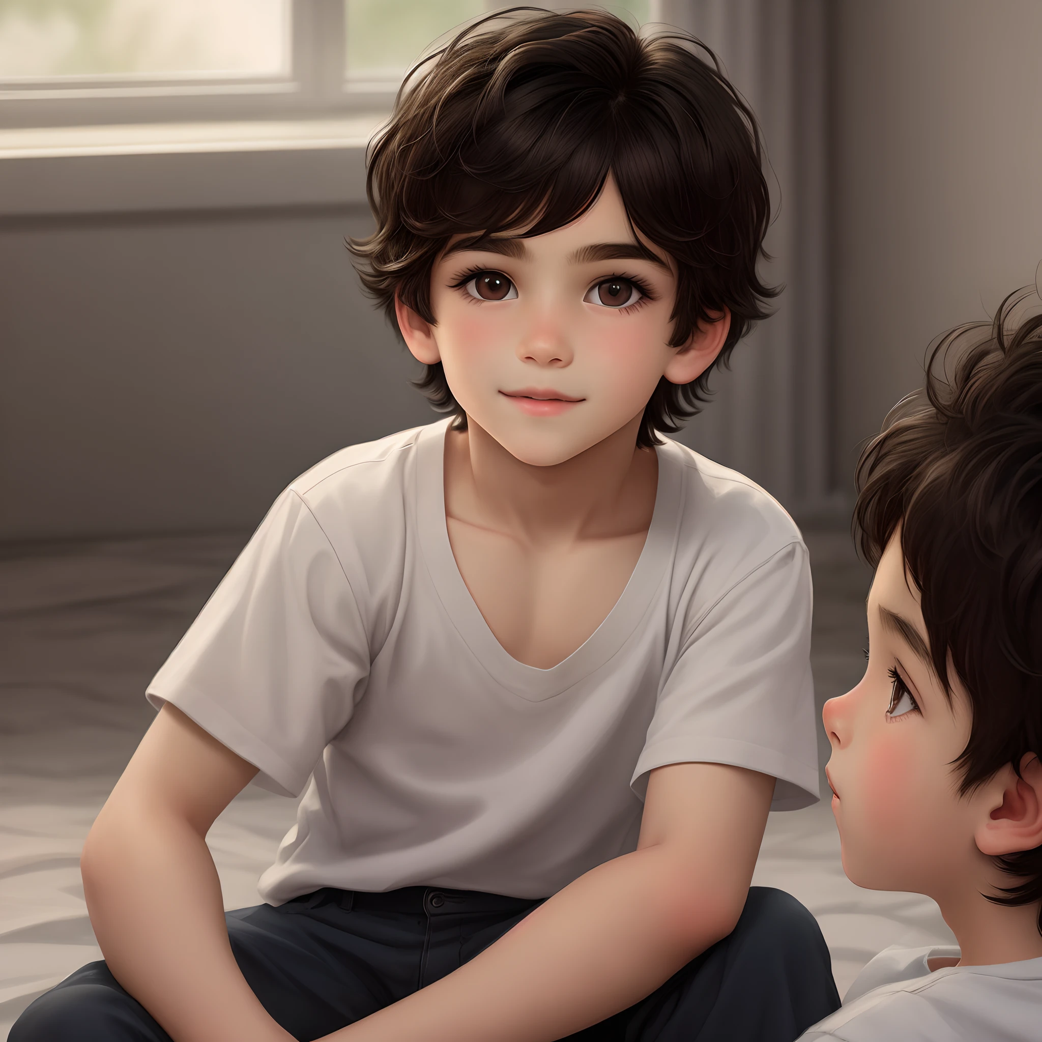 Draw a brown-eyed brunette boy  with black hair 06 years