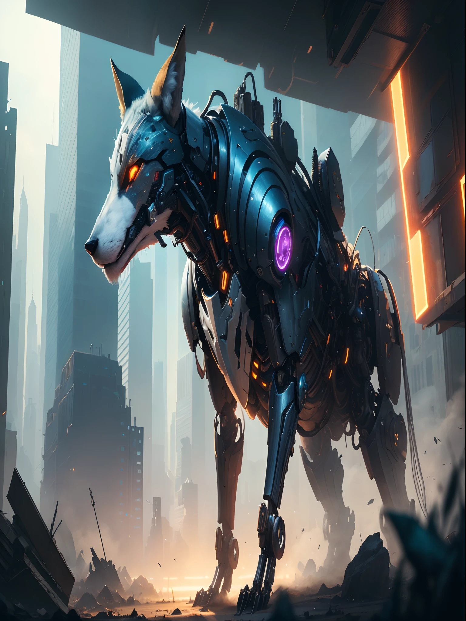 Dark_Fantasy,Cyberpunk, (Best Quality, Masterpiece),White,1Person,Mechanical Miracle,Robotic fox Presence,Cybernetic Guardian,Wearing a Cybernetic Jacket, Futuristic from Marvel, (Cyborg), fox, City, Highest Quality Digital Art, Stunning Art, 4k Wallpapers, High Detailed, Warzone, Black & White, Highest Quality Digital Art, Stunning Art, 4k,8k,64k, HD Wallpapers, Unbeatable Masterpiece, dynamic lighting, cinematic, epic, damaged mechanical parts