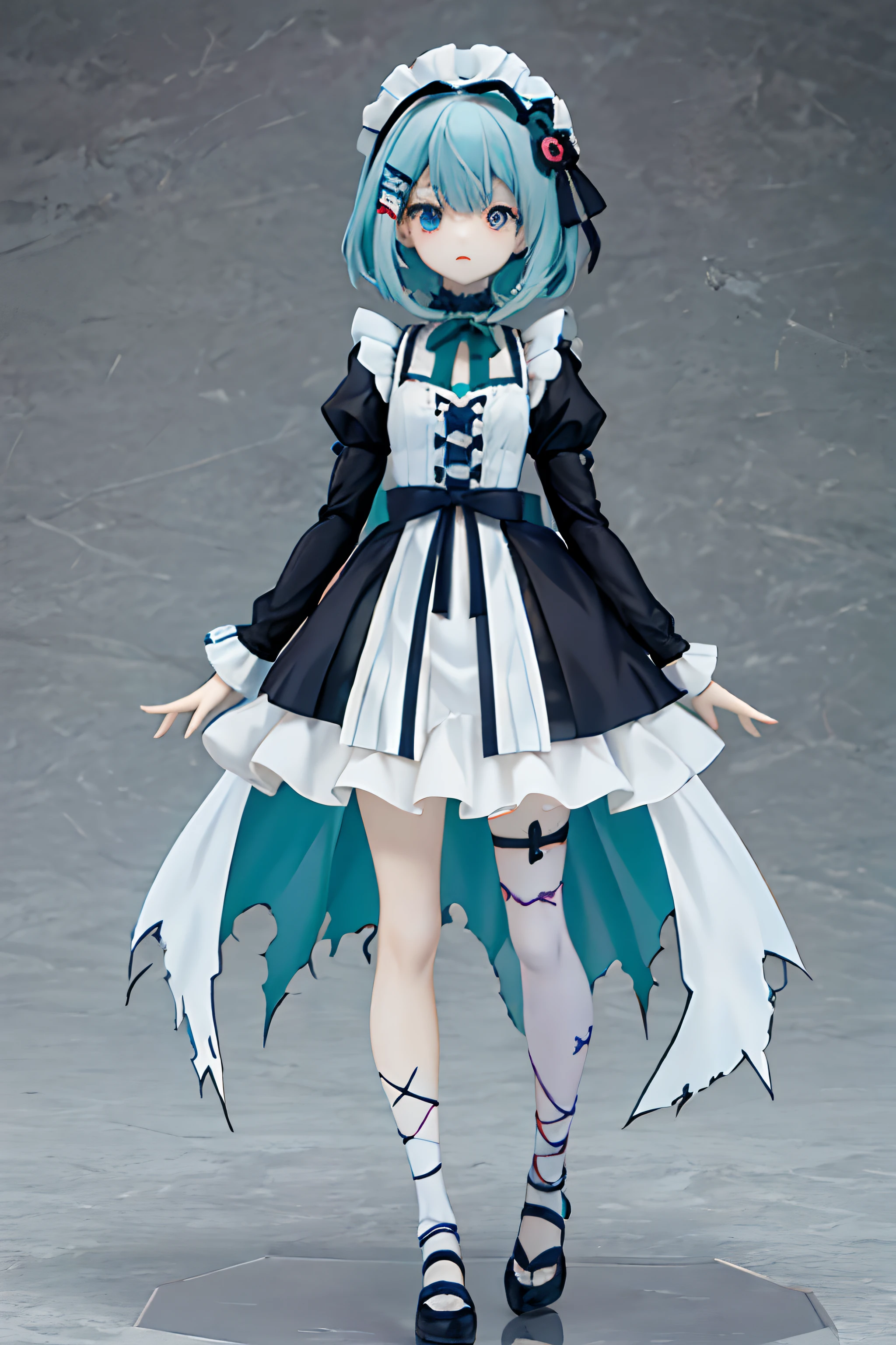 Anime adaptation, Approve the design, Anime concept, Character design , Concept Sheet , frontal view, anime girl, kawaii girl, solo girl , Rack Straight, Interesting design, subject: Halloween , halloween theme, Interesting design, hairpins , Kawaii Scary , please full height , full height , Modern design , Harajuku Halloween, Gothic Harajuku , zombies , Sewn-on face , pale green skin , Face seam , Delicate blue shades , white shades, blindness in one eye , maid's bonnet, ta's headdress , stitches on the face, Eye pin , full body view , Dark clothing, Ghost Costume . torn clothing, Soft Blue , pumpkin decoration , Halloween ,Spectral Pet , green skin