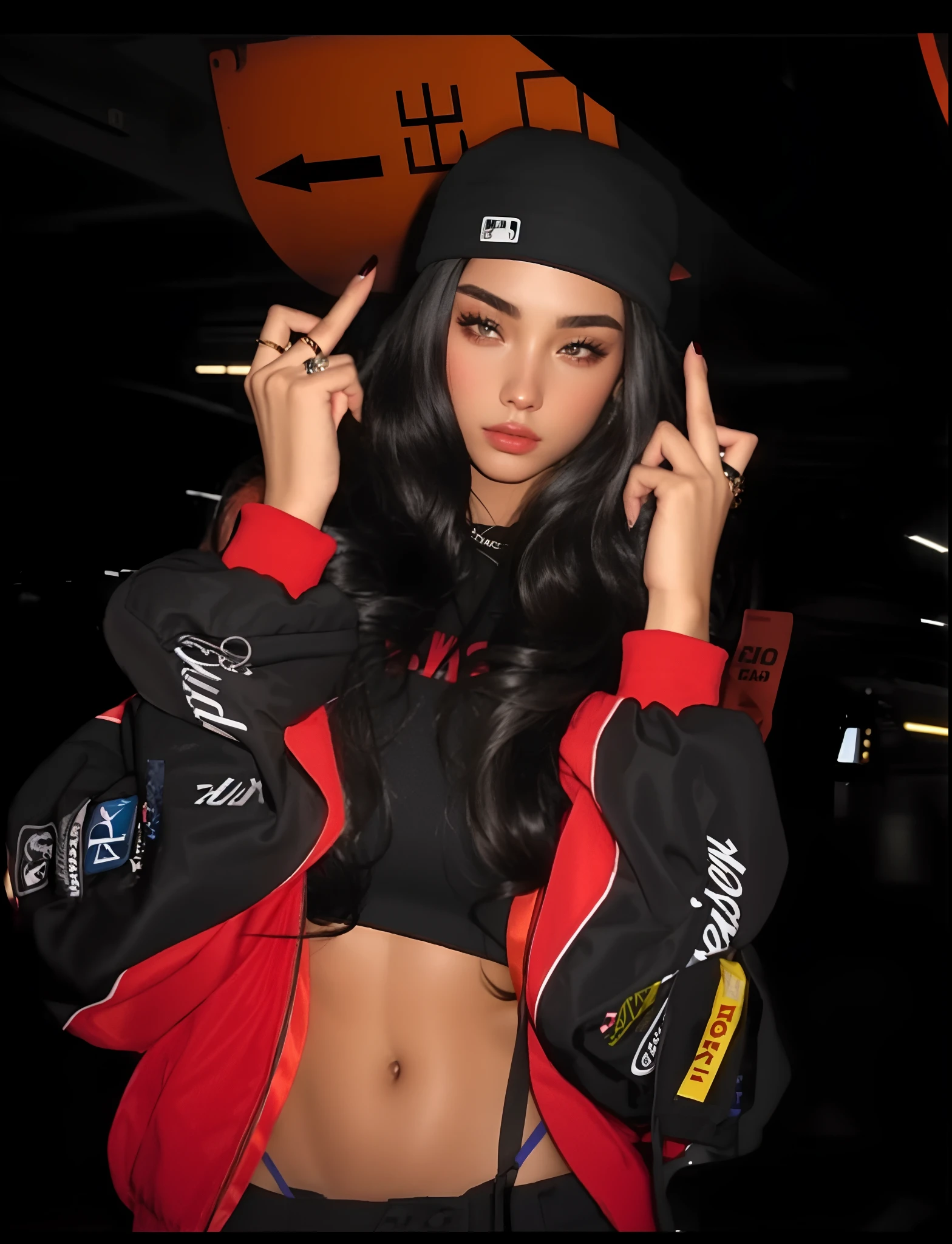 a woman in a black and red jacket and hat, she is wearing streetwear, woman in streetwear, madison beer girl portrait, female streetwear blogger, photograph of a techwear woman, streetwear fashion, cute Asin woman, cool girl, 8K, Top Quality, Intricate Details, Ultra Detail, Ultra High Resolution, Cinematic, Photorealistic, Perfect, Perfect skin, Perfect face, Perfect body, Masterpiece, Art, Beauty