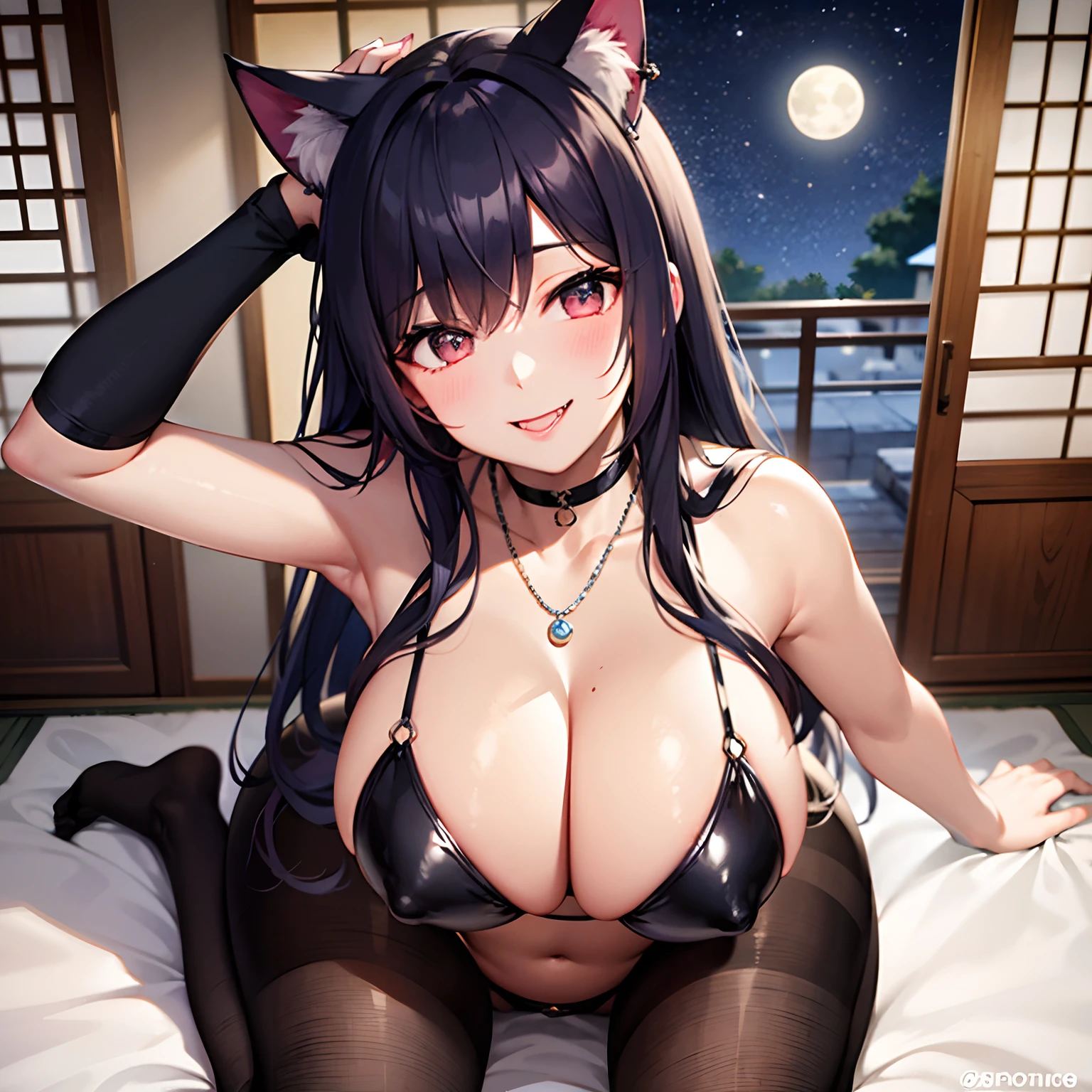 16K Ultra High Definition Highest Quality Glamorous Cat Girl Super Big Big Big Super Detail Ultra Realistic Body Glowing Skin Shiny Detailed Hair Texture Long Beautiful Hair With Gradient Color From Black To Blue,,,, Sly smile Cute fangs and pink tongue peek out Chubby pink nipple rings that protrude slightly from her outfit Bell necklace Sexy pose with her body Sexy lei costume. Beautiful armpits Tail extending from her bewitching smoke covering the surroundings The background is a Japanese-style room at night where you can see the moon from the window