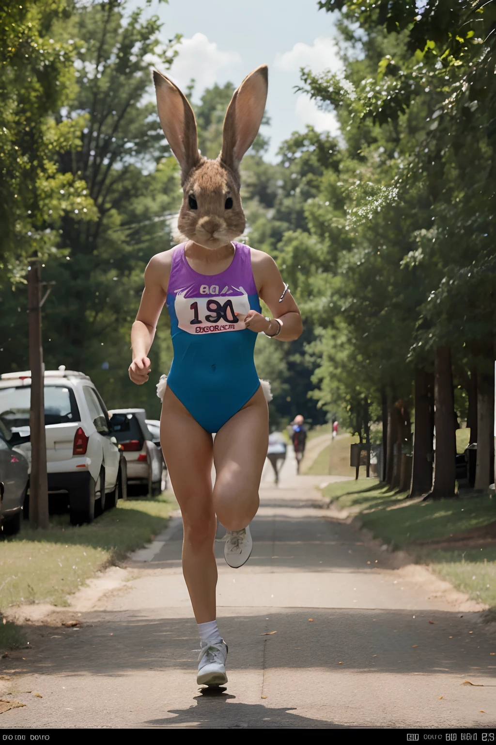 Generate an image of a person dressed as a rabbit chasing another rabbit, in accordance with North Carolina's unusual law. Make the scene comical and unexpected