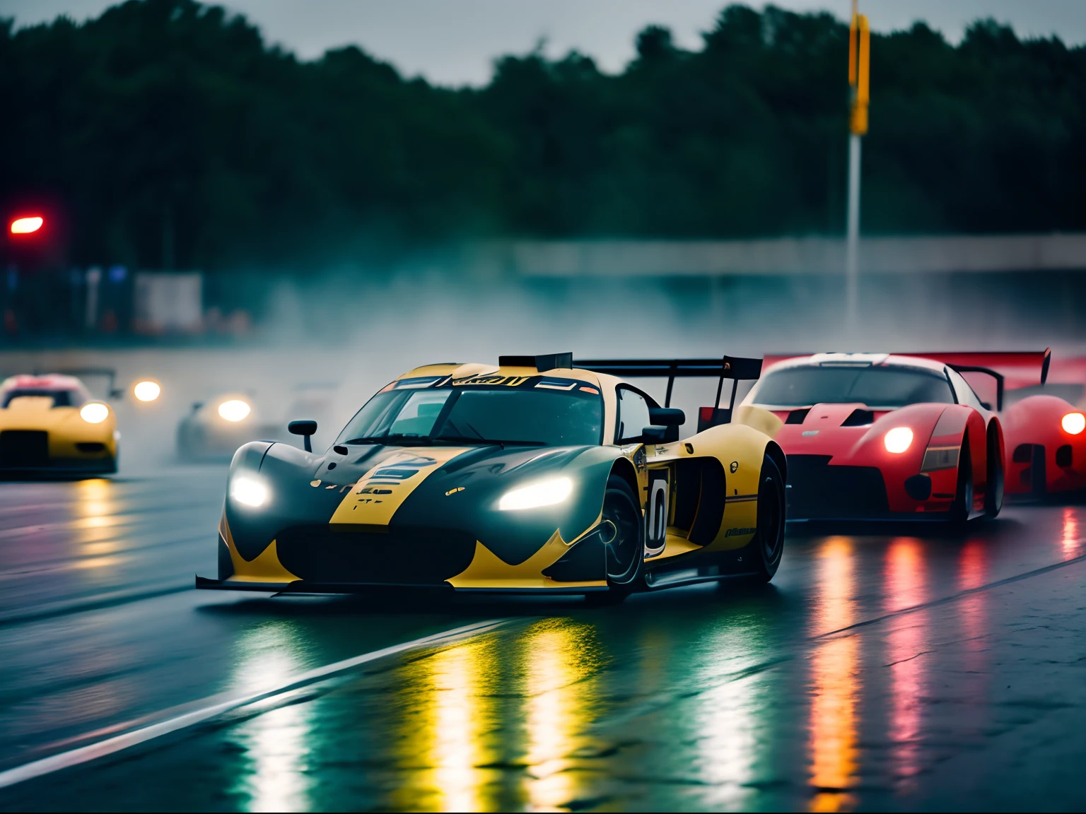 Cinematic shot of a sport car fast running in busy racing speedway, rain, angle, duotone, black, gold, cinestill 50d, style raw, cinematic lighting, movement, speed