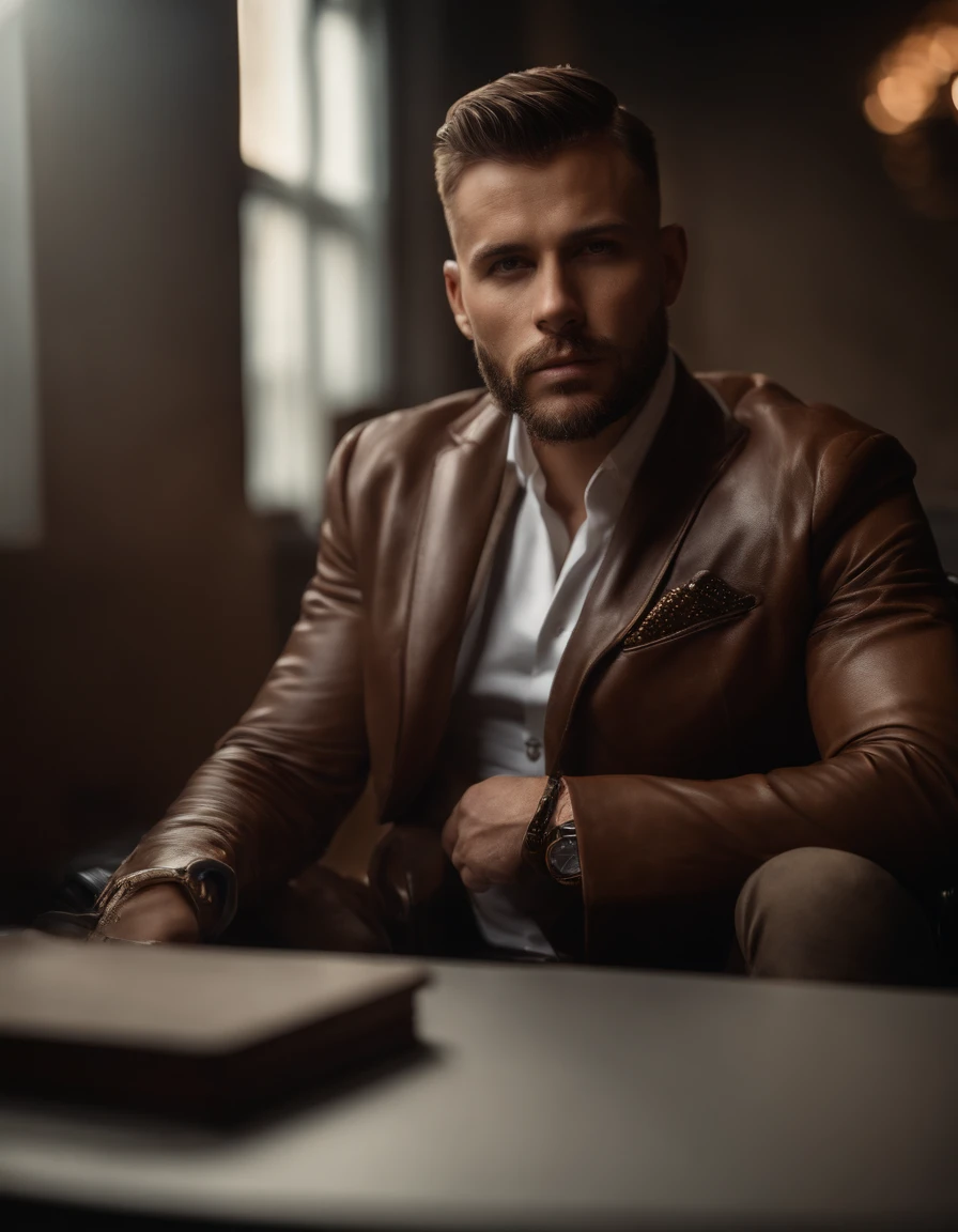 Um homem vestindo uma jaqueta de couro marrom elegante, andrzej sykut, Ultra High Definition Image, punk watch, Studio Photography, precision (mid closeup), rosto bonito, rosto claro