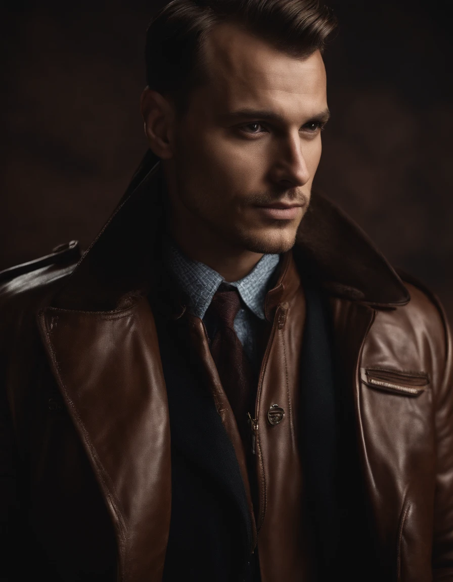 Um homem vestindo uma jaqueta de couro marrom elegante, andrzej sykut, Ultra High Definition Image, punk watch, Studio Photography, precision (mid closeup), rosto bonito, rosto claro