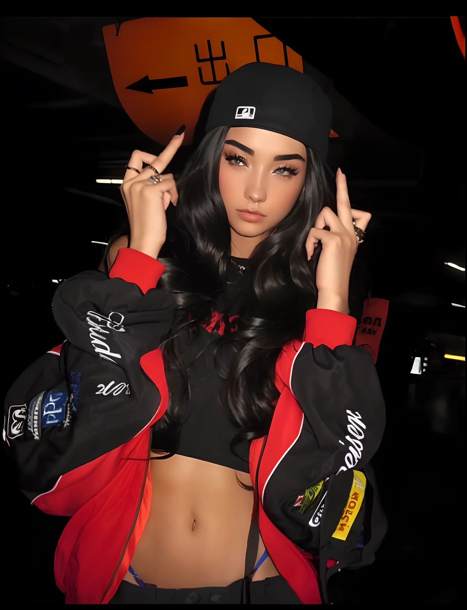 a woman in a black and red jacket and hat, she is wearing streetwear, woman in streetwear, madison beer girl portrait, female streetwear blogger, photograph of a techwear woman, streetwear fashion, cute  Asin woman, cool girl, 8K, Top Quality, Intricate Details, Ultra Detail, Ultra High Resolution, Cinematic, Photorealistic, Perfect, Perfect skin, Perfect face, Perfect body, Masterpiece, Art, Beauty