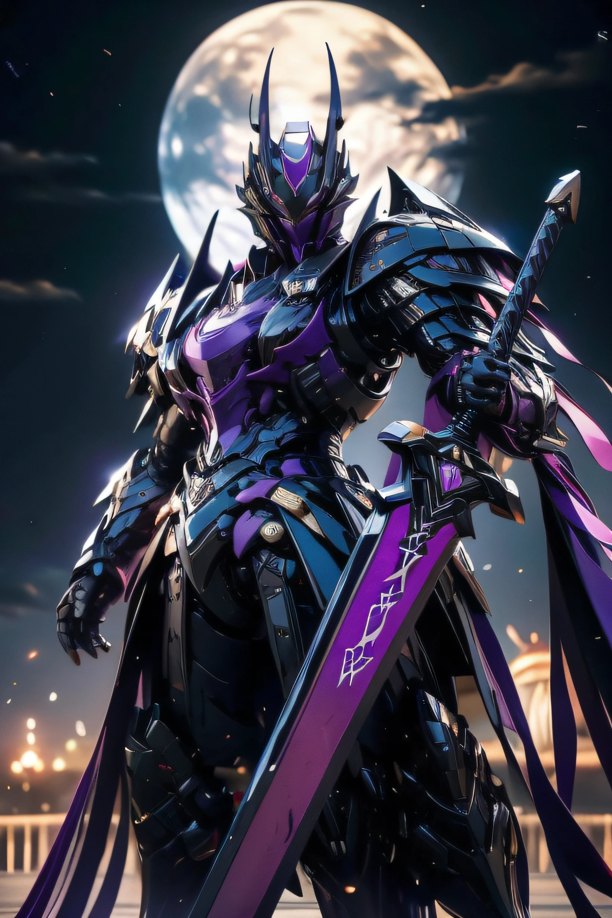 Huge Chinese imperial palace,Wide square,the night,themoon、Standing a handsome man in purple armor,Deep purple armor,Dragon helmet,Black sword in hand,Black Sword